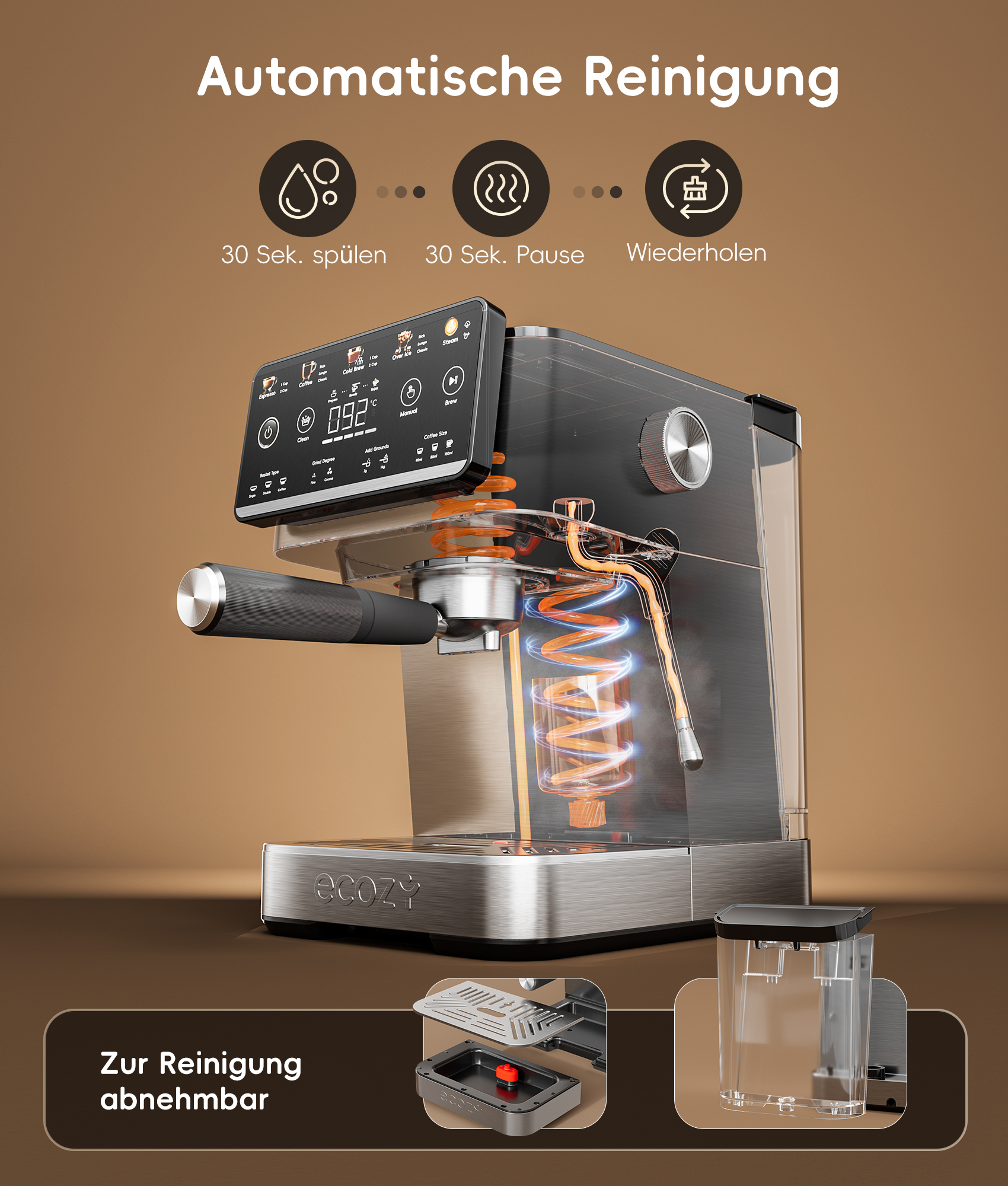 Moderne Espressomaschine mit integriertem Reinigungsdiagramm und abnehmbaren Teilen auf braunem Hintergrund.