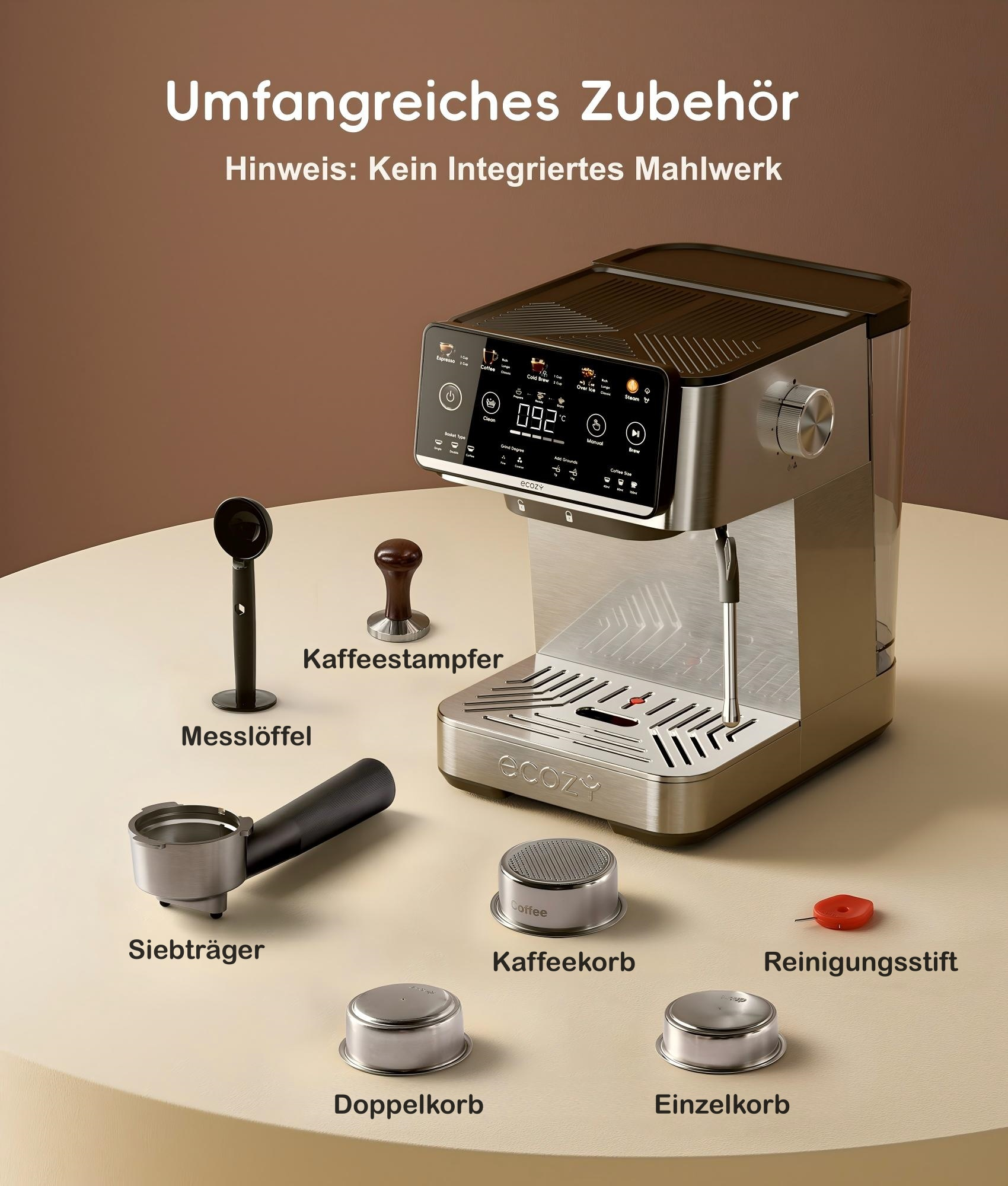Edelstahl-Espressomaschine mit Zubehörteilen auf einem Tisch.