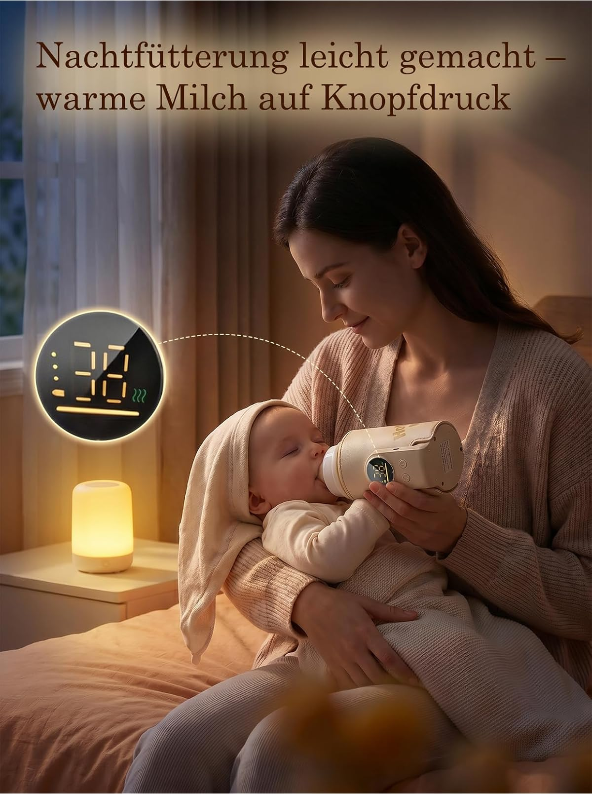 Eine Mutter füttert nachts ihr schlafendes Baby mit einer warmen Flasche.