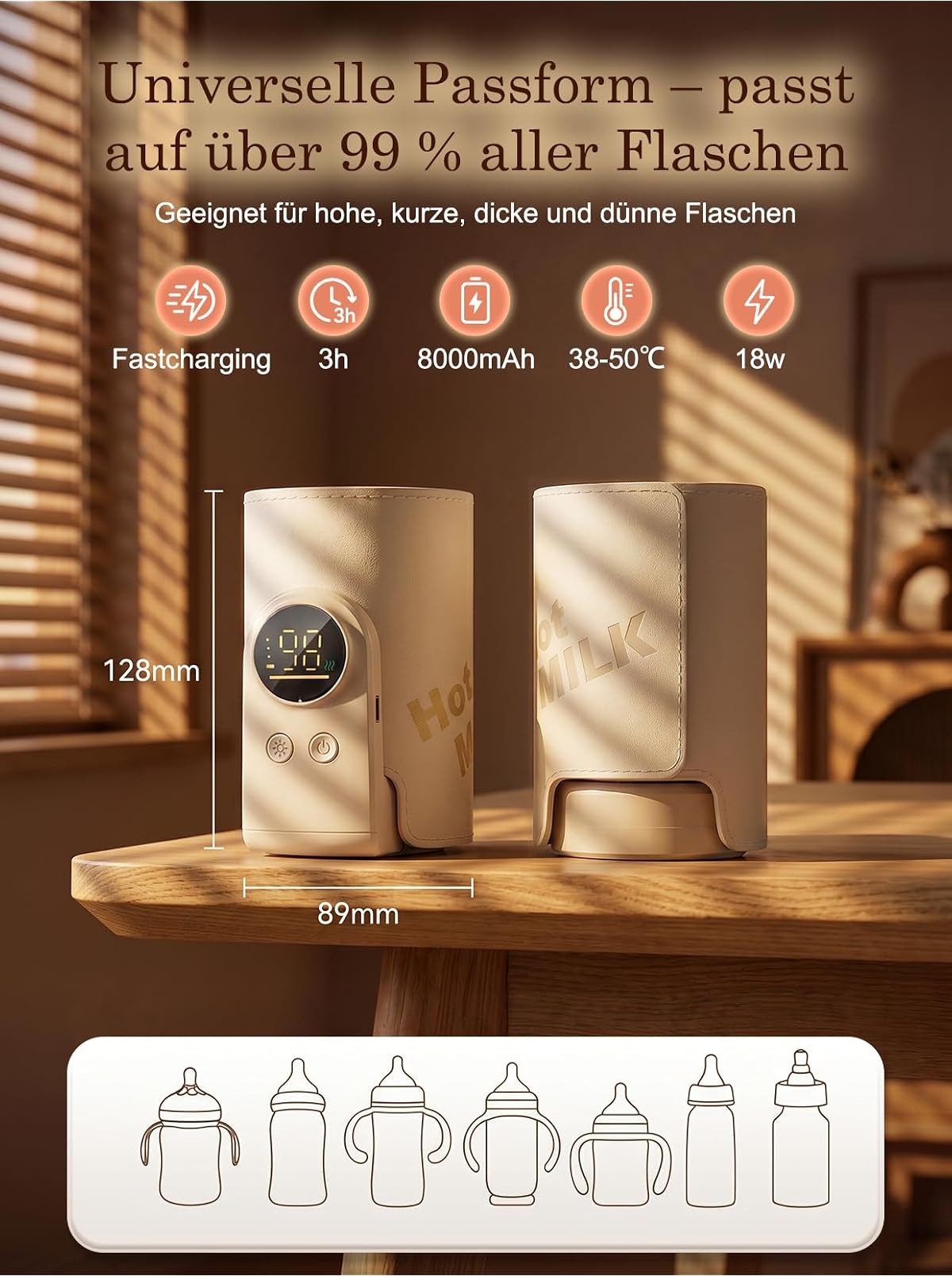 Beige, tragbare Flaschenwärmer auf Holztisch mit digitalen Anzeigen, Maßen und Symbolen für Funktionen.