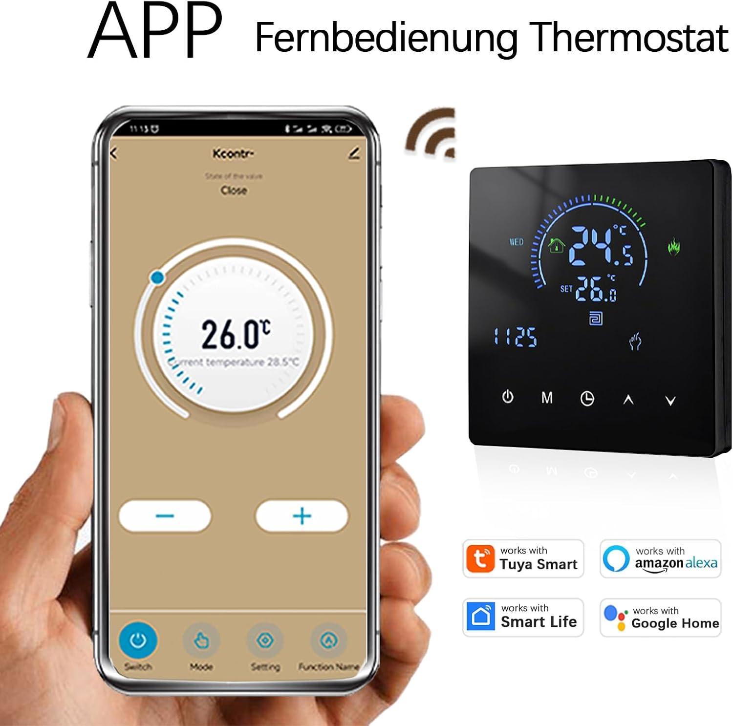 Smartphone zeigt App zur Steuerung eines schwarzen Thermostats, kompatibel mit Tuya, Alexa und Google.