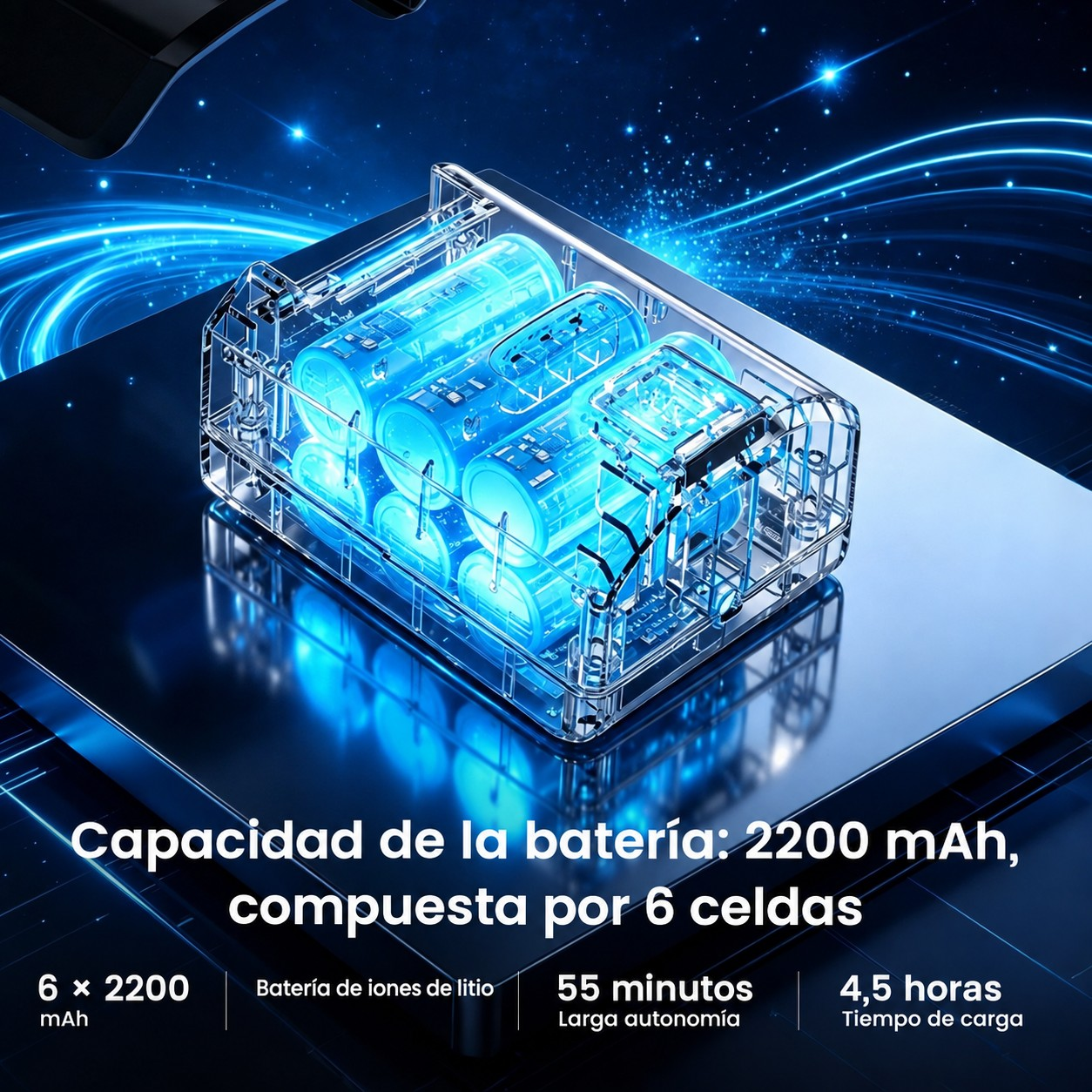 Batería transparente con seis celdas brillantes azules, sobre una superficie reflectante con fondo azul oscuro.