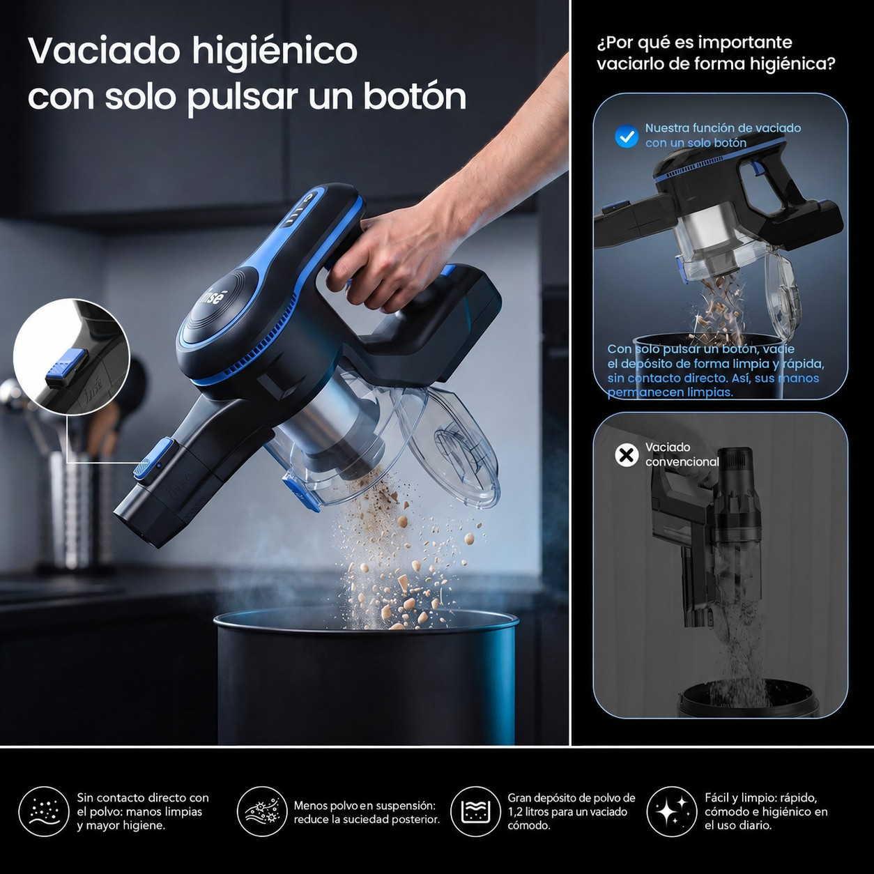 Mano sostiene aspiradora sin cable vaciando suciedad en un cubo.