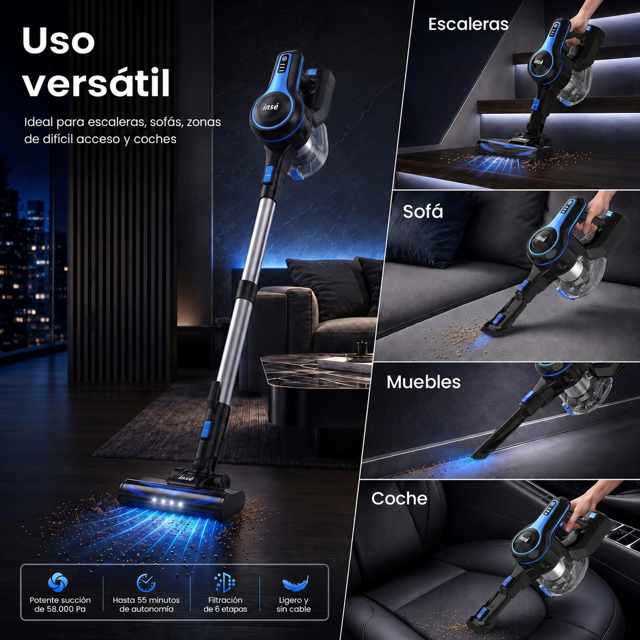 Aspiradora sin cable que muestra una limpieza versátil en escaleras, sofás, muebles y asientos de coche.