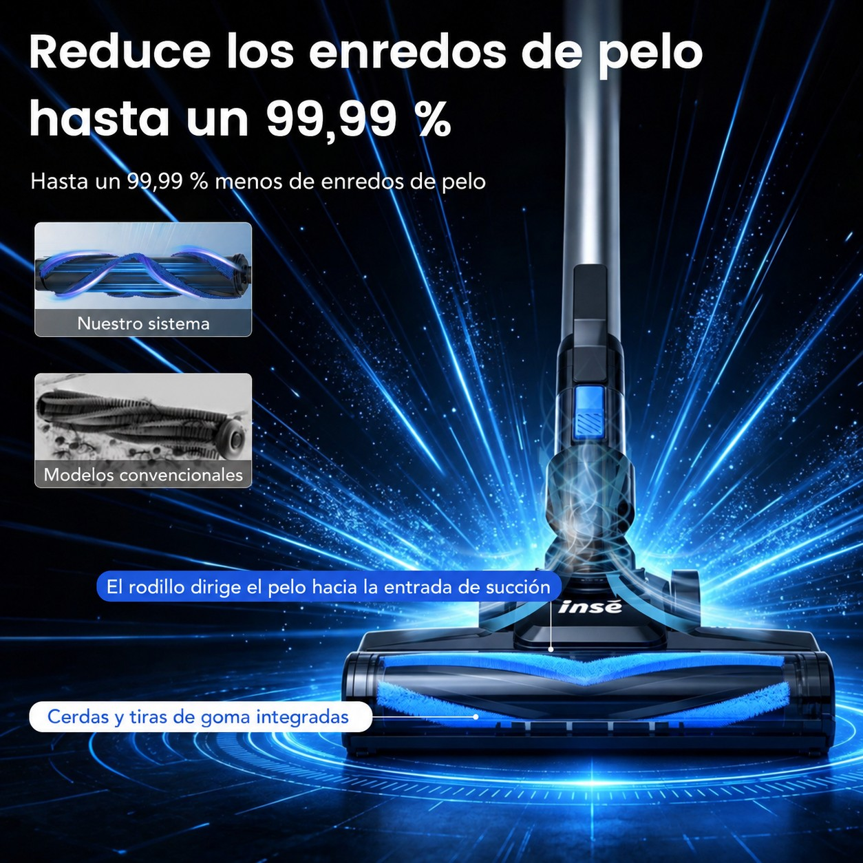 Imagen promocional de un cabezal de aspiradora sin enredos sobre fondo azul con recuadros.