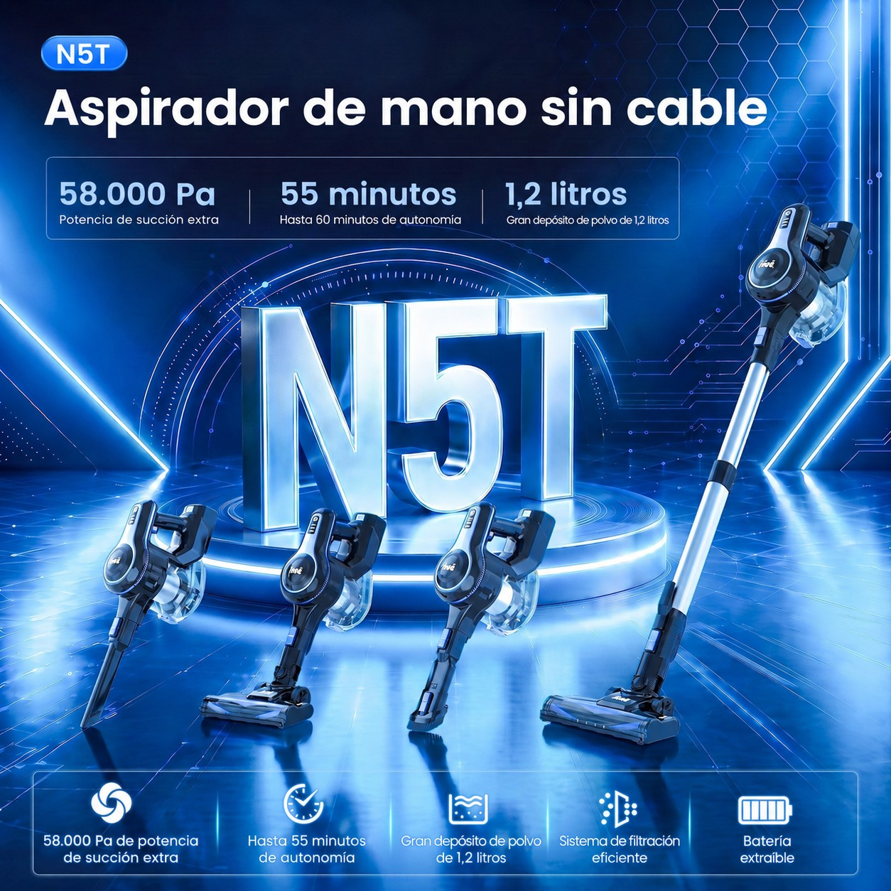 Anuncio de aspiradora sin cable N5T con textos y variaciones de producto en fondo azul.