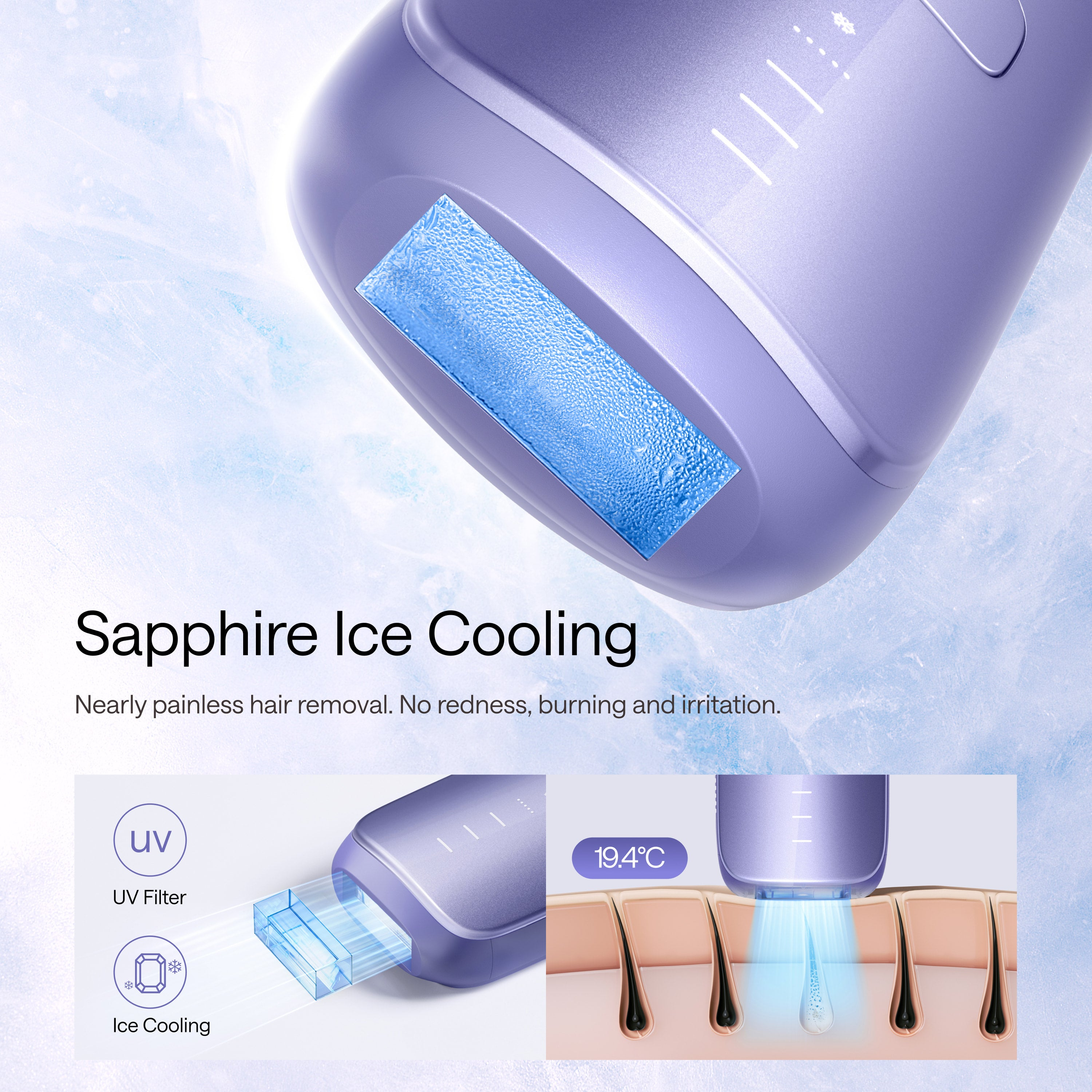 Un dispositivo depilatorio morado cuenta con enfriamiento de hielo de zafiro y filtro UV sin dolor.