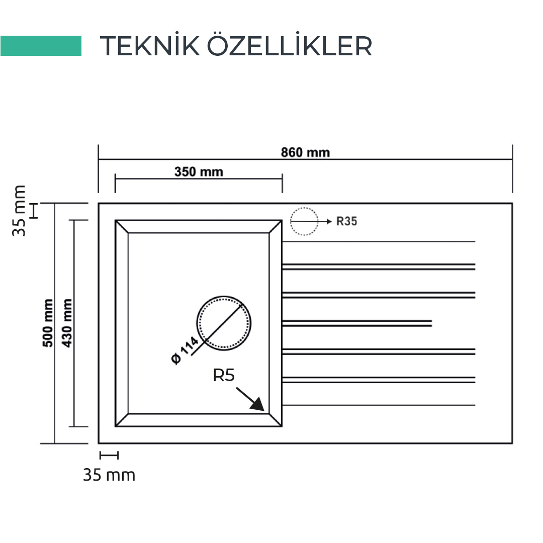 Beyaz arka planda ölçüleri ve tahliye kanalları olan bir mutfak evyesinin teknik çizimi.