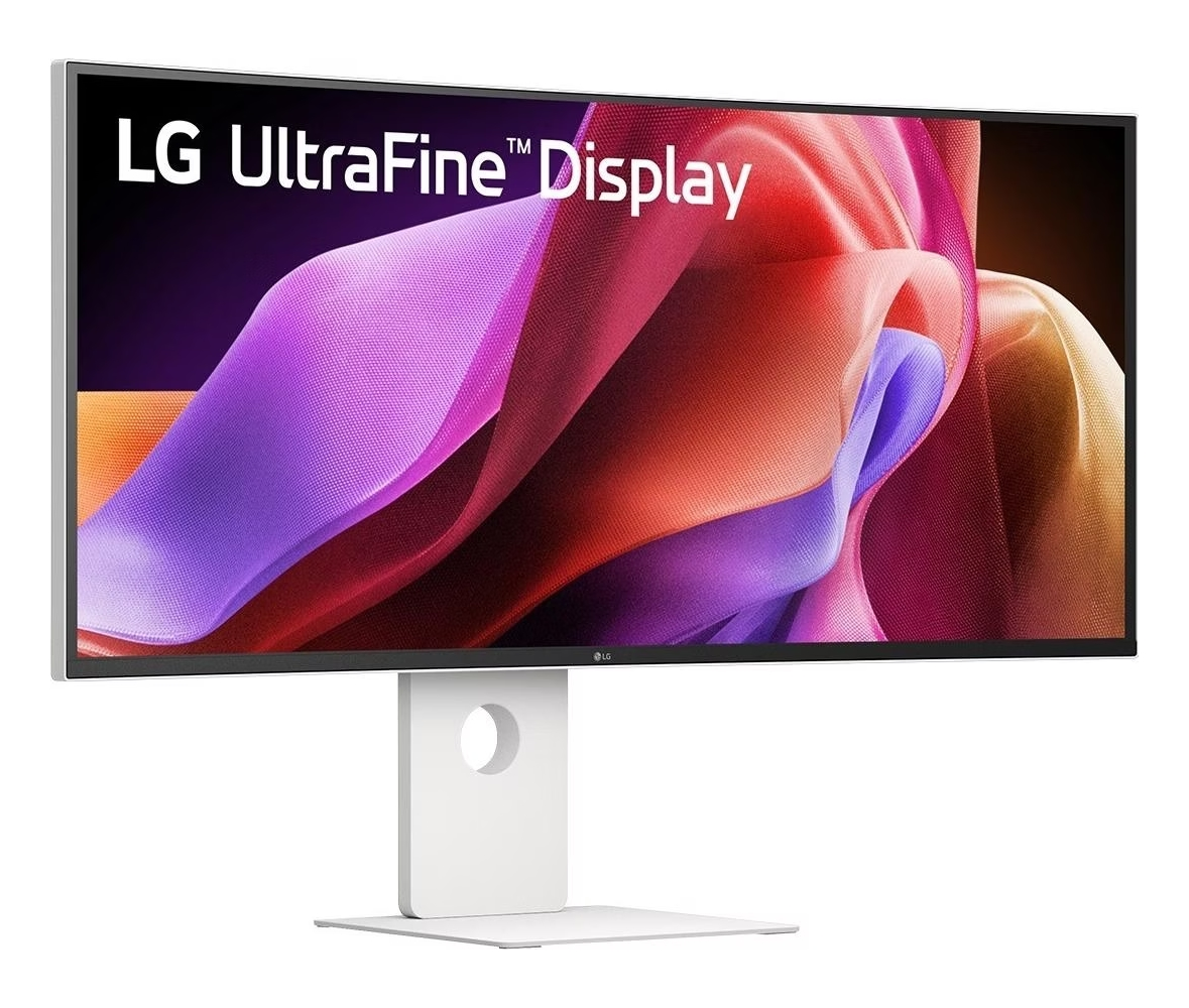 Un monitor panoramico LG UltraFine con carta da parati astratta colorata su supporto bianco su sfondo chiaro.
