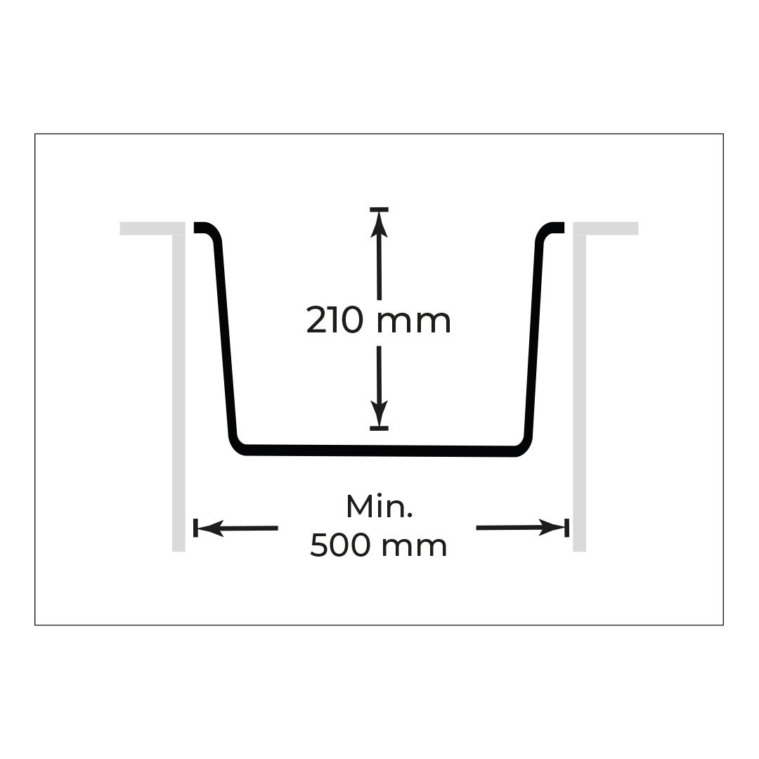 Ölçüleri 210 mm derinlik ve min. 500 mm genişlik olan evye profilinin teknik çizimi.