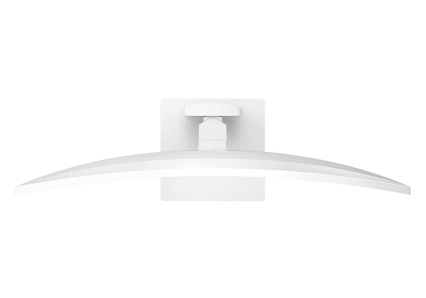 Un monitor curvo bianco su supporto, visto dall'alto su sfondo bianco.