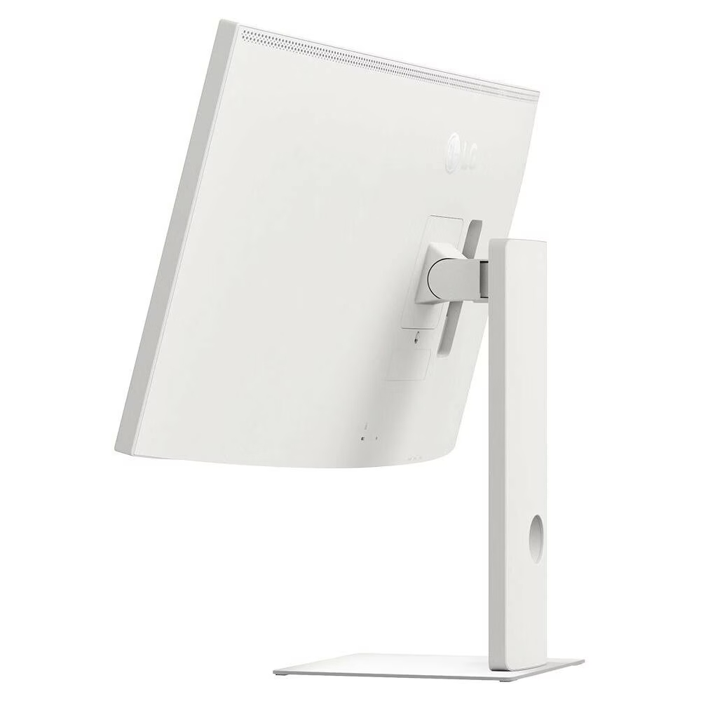 Vista posteriore di un monitor LG bianco con supporto ergonomico su sfondo bianco.