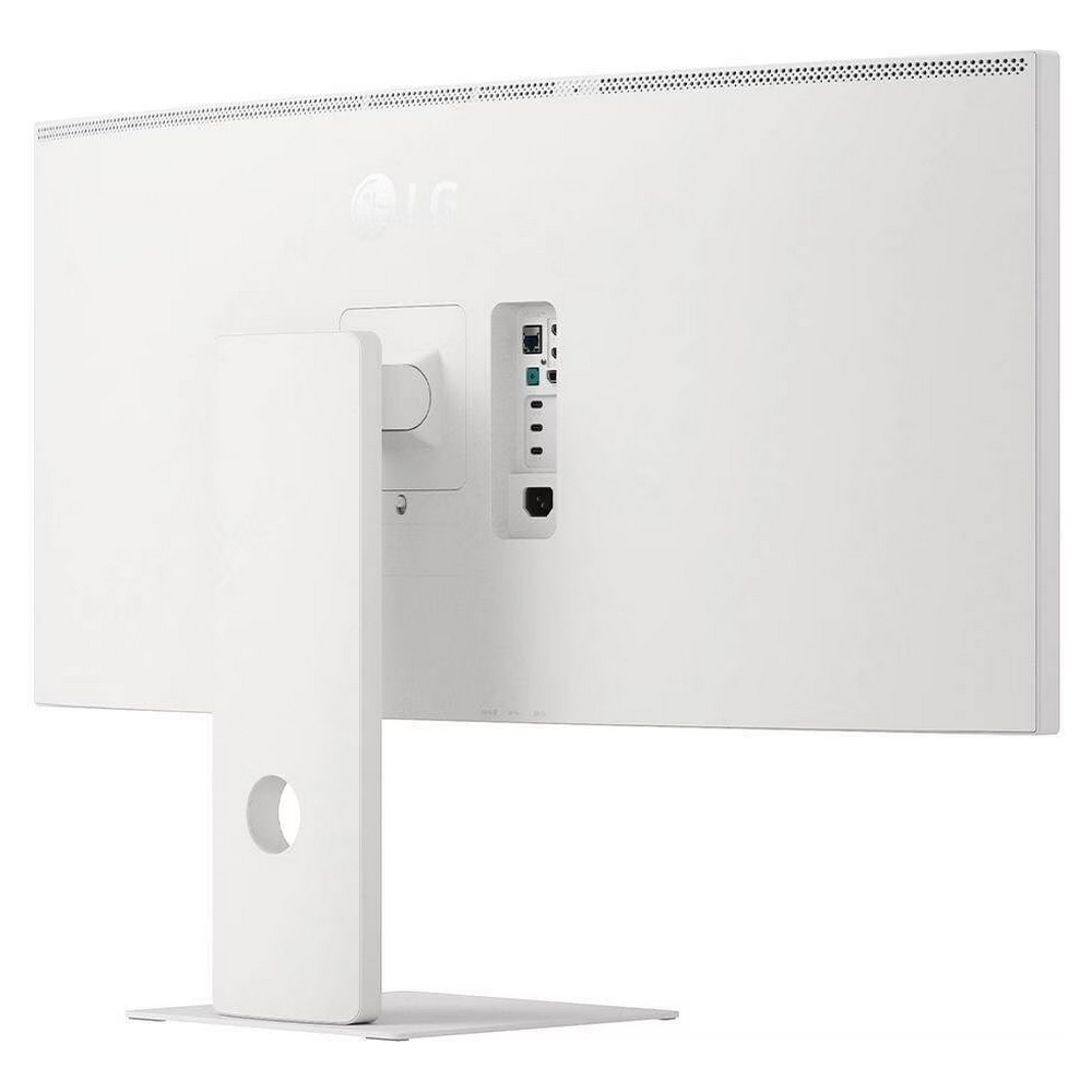 Vista posteriore di un monitor LG bianco con supporto e porte visibili.