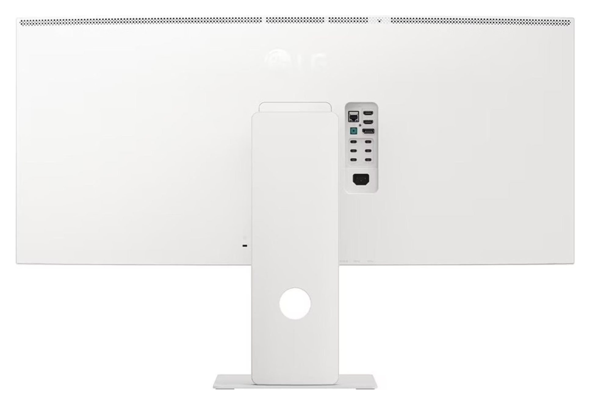 Il retro di un monitor LG bianco con un foro rotondo per la gestione dei cavi sul supporto e porte visibili.