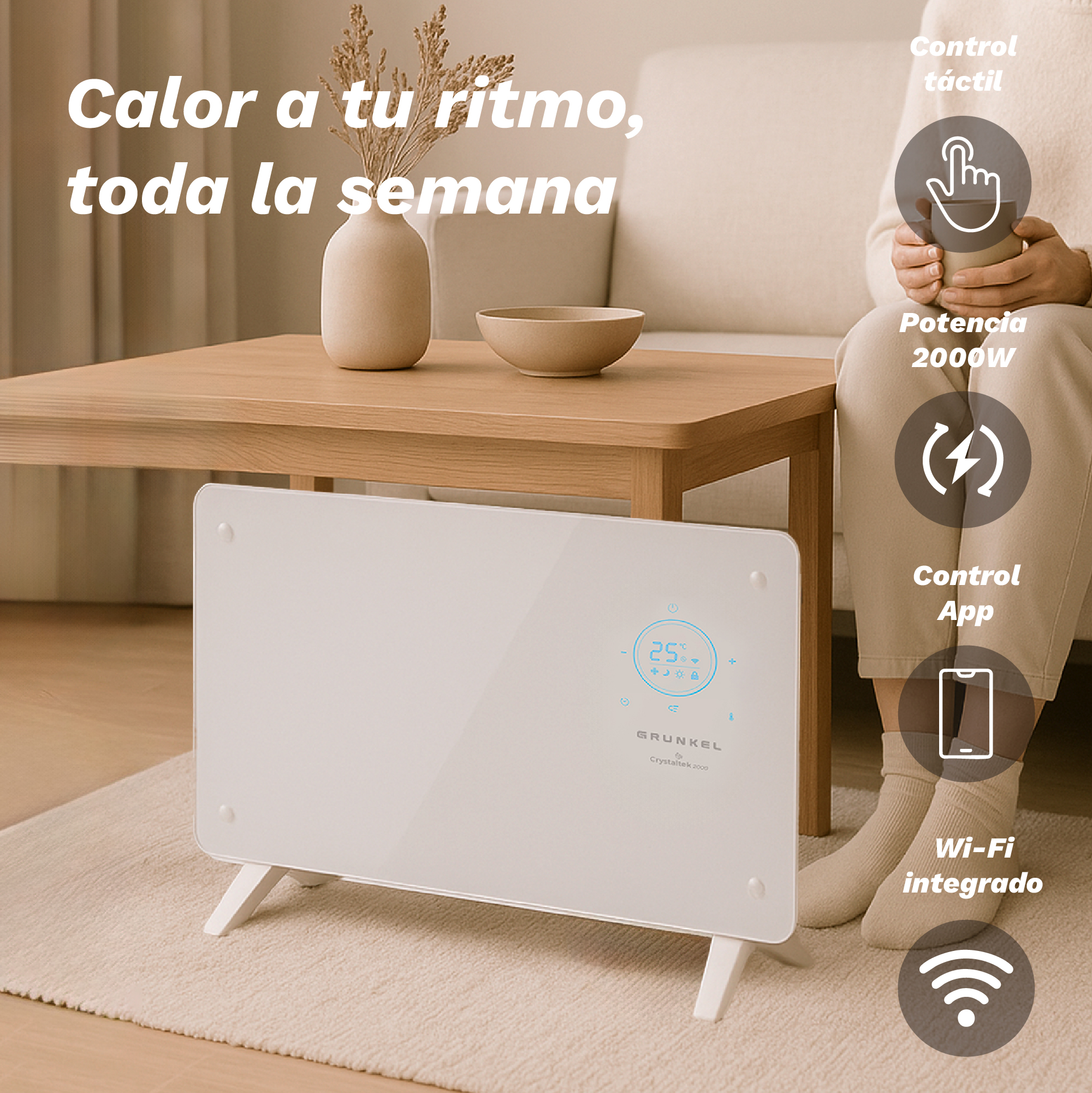 Un calefactor eléctrico blanco en una sala de estar con texto e iconos a la derecha.