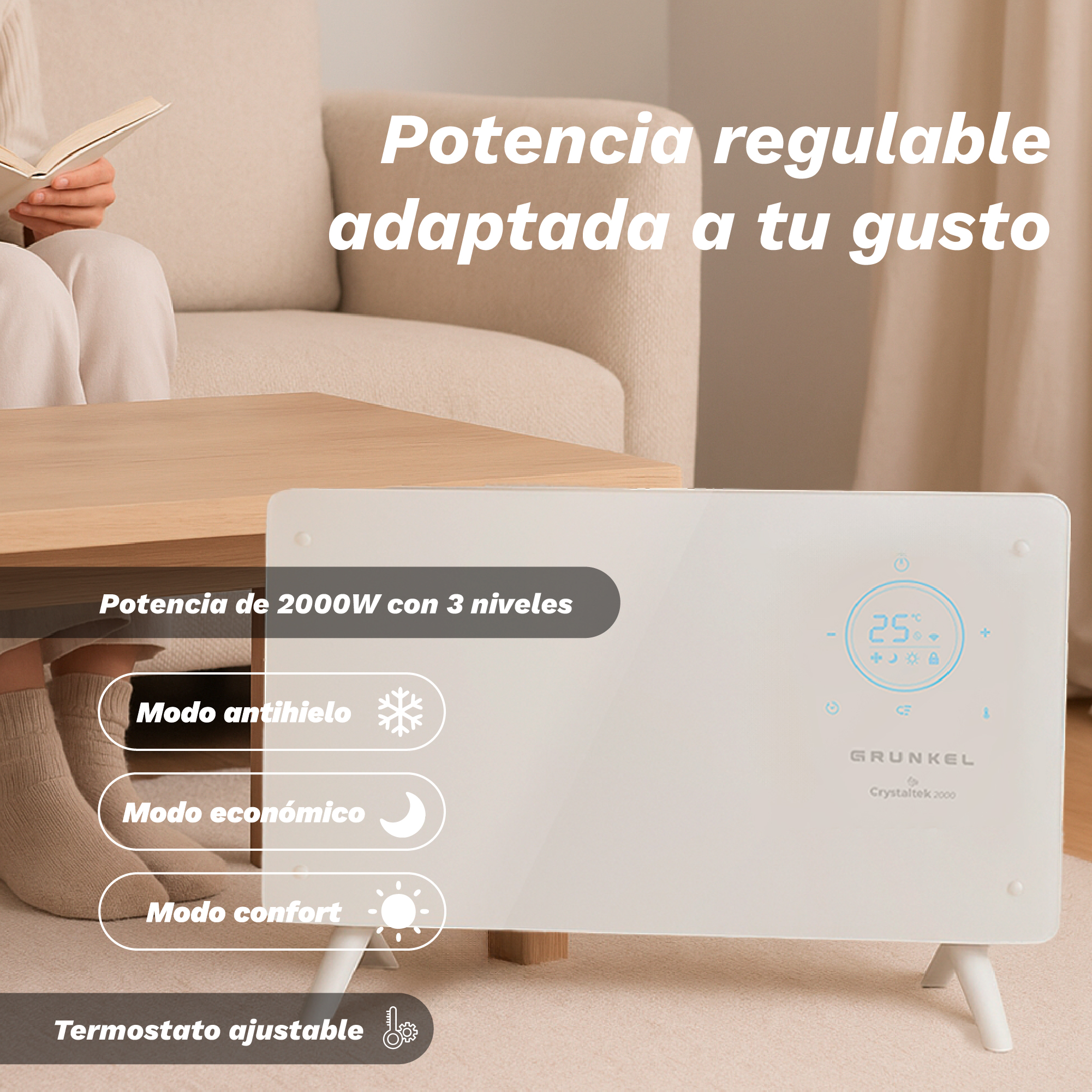 Un calefactor de vidrio blanco se encuentra en una sala de estar con textos superpuestos.