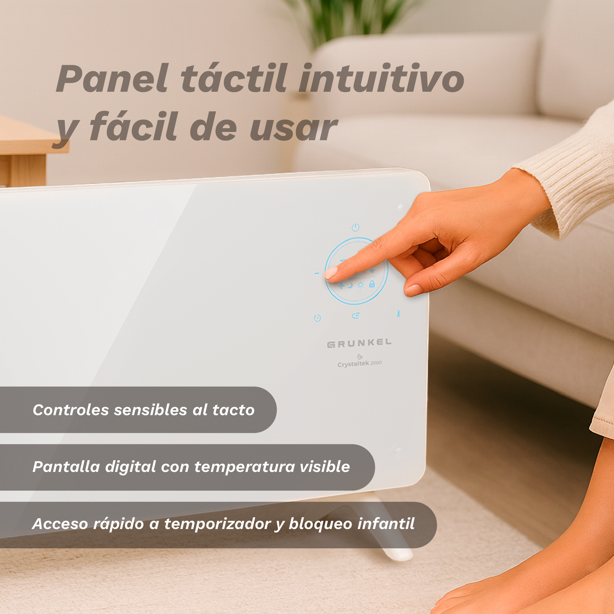 Mano tocando la pantalla de un calefactor blanco con logo y texto.