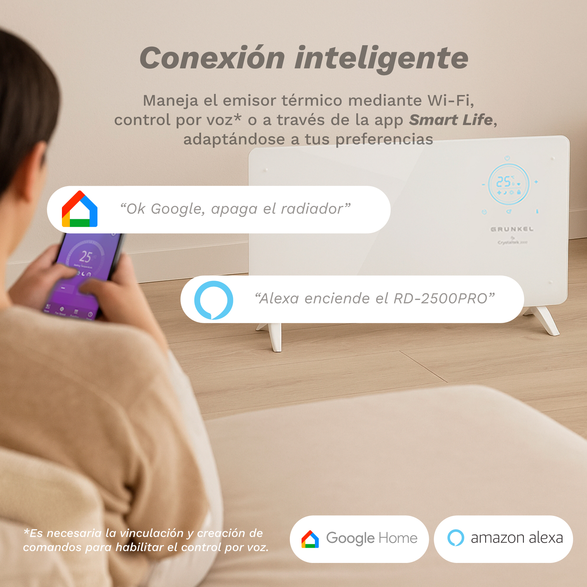 Persona controla un emisor térmico inteligente con el móvil y voz.