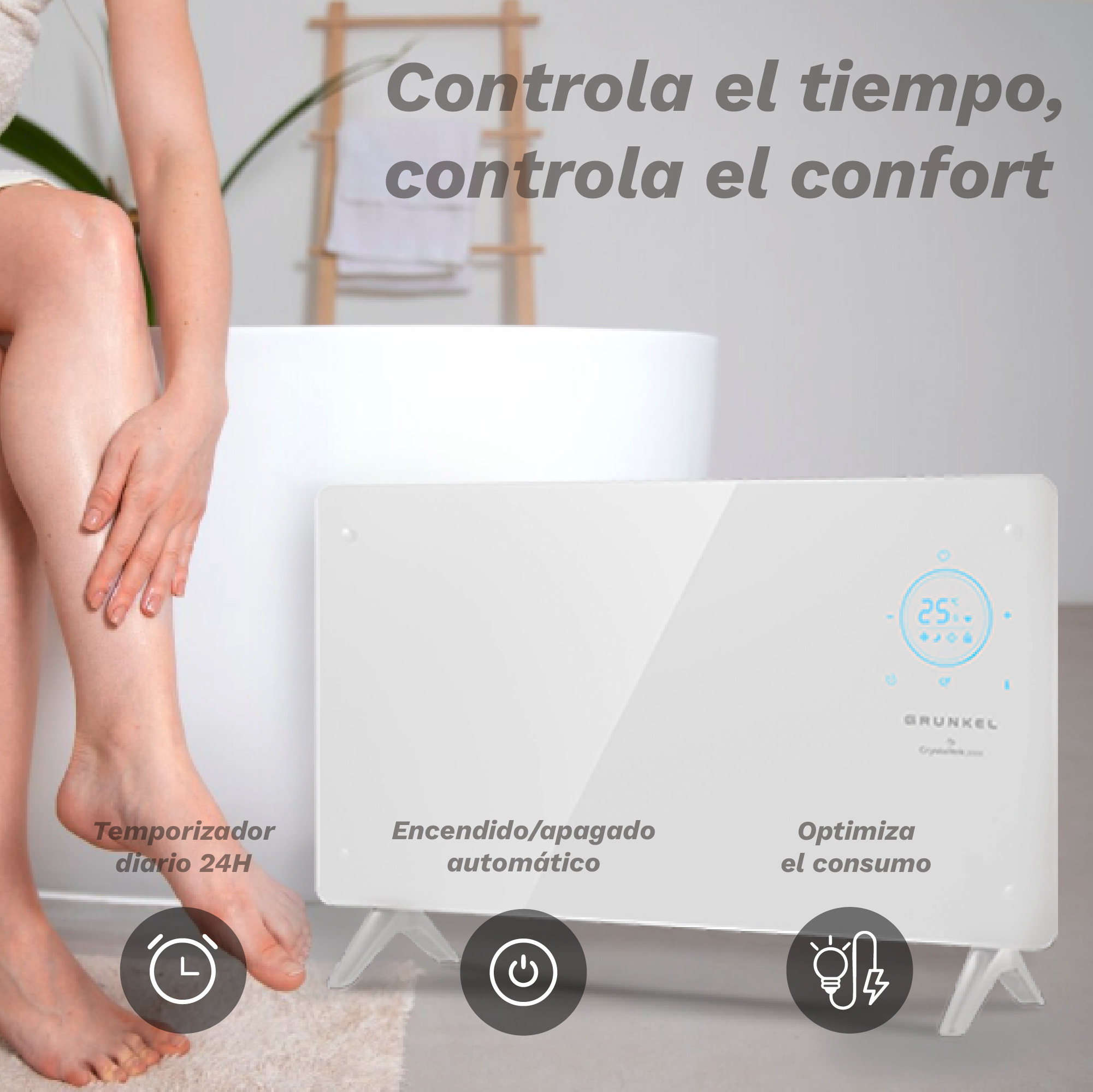 Una mujer está sentada en un baño junto a un calefactor eléctrico blanco con pantalla digital azul.
