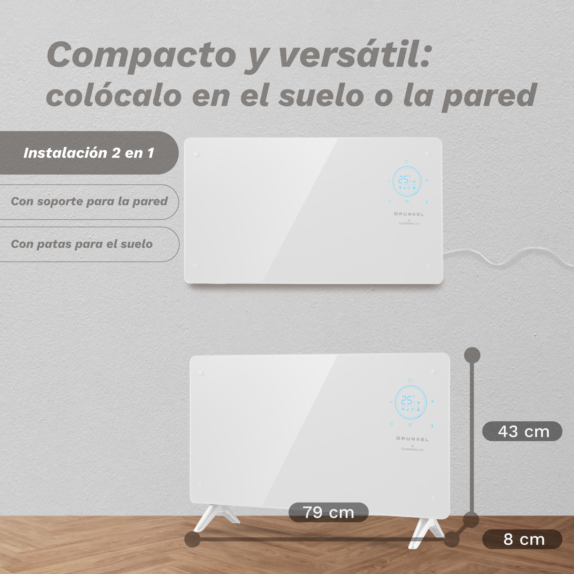 Calefactor de vidrio blanco en pared y suelo con dimensiones 79x43x8 cm, con pantalla digital.