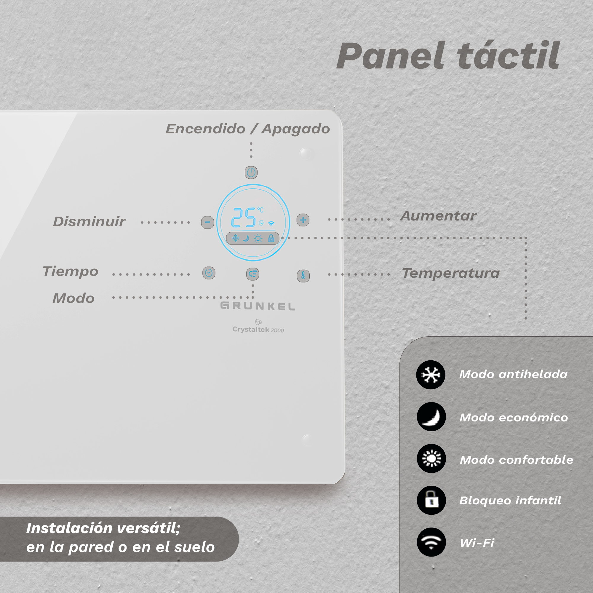 Panel táctil digital para instalación en pared o suelo con modos como antihelada, confort y Wi-Fi.