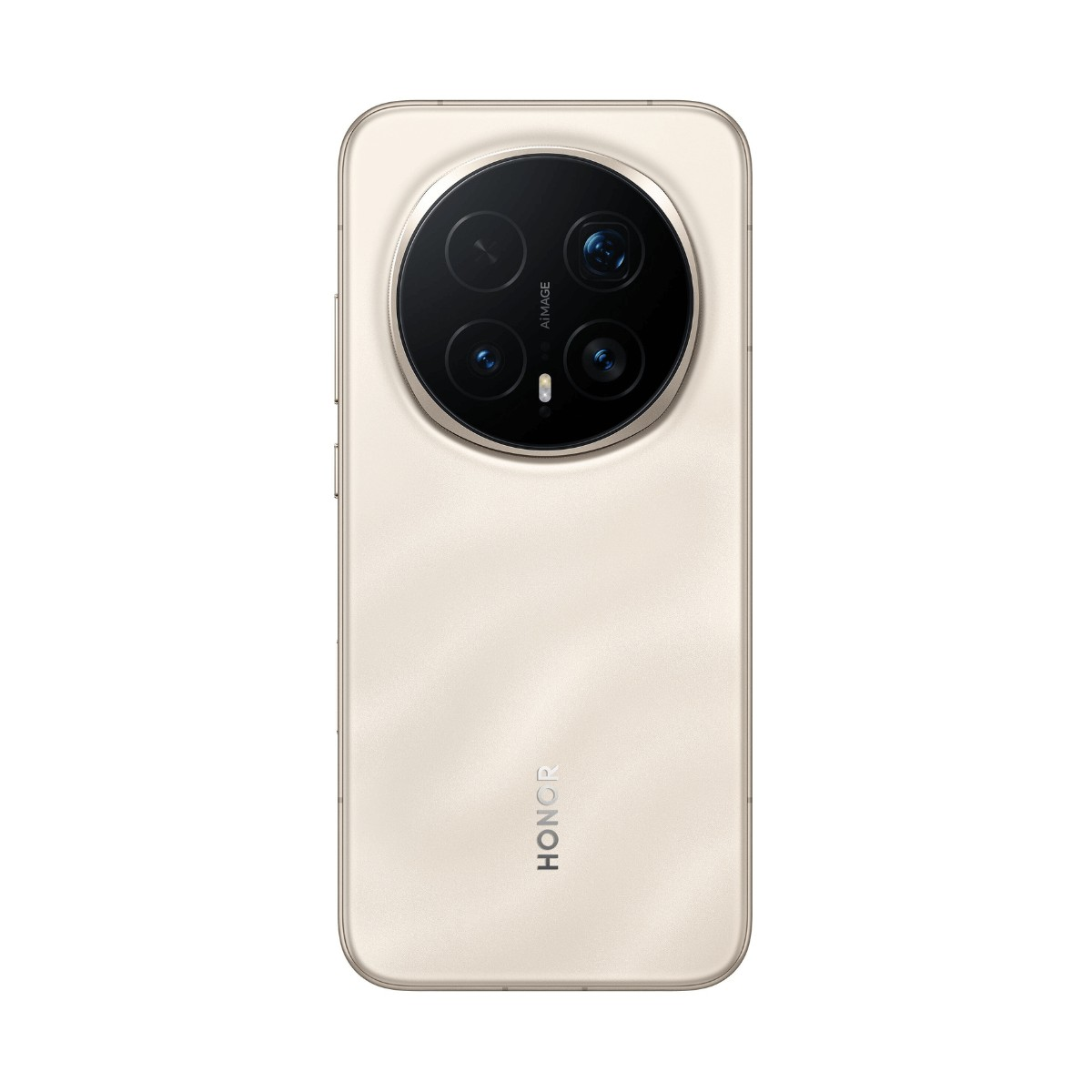 Retro di uno smartphone beige con un grande modulo fotocamera circolare e il logo Honor.