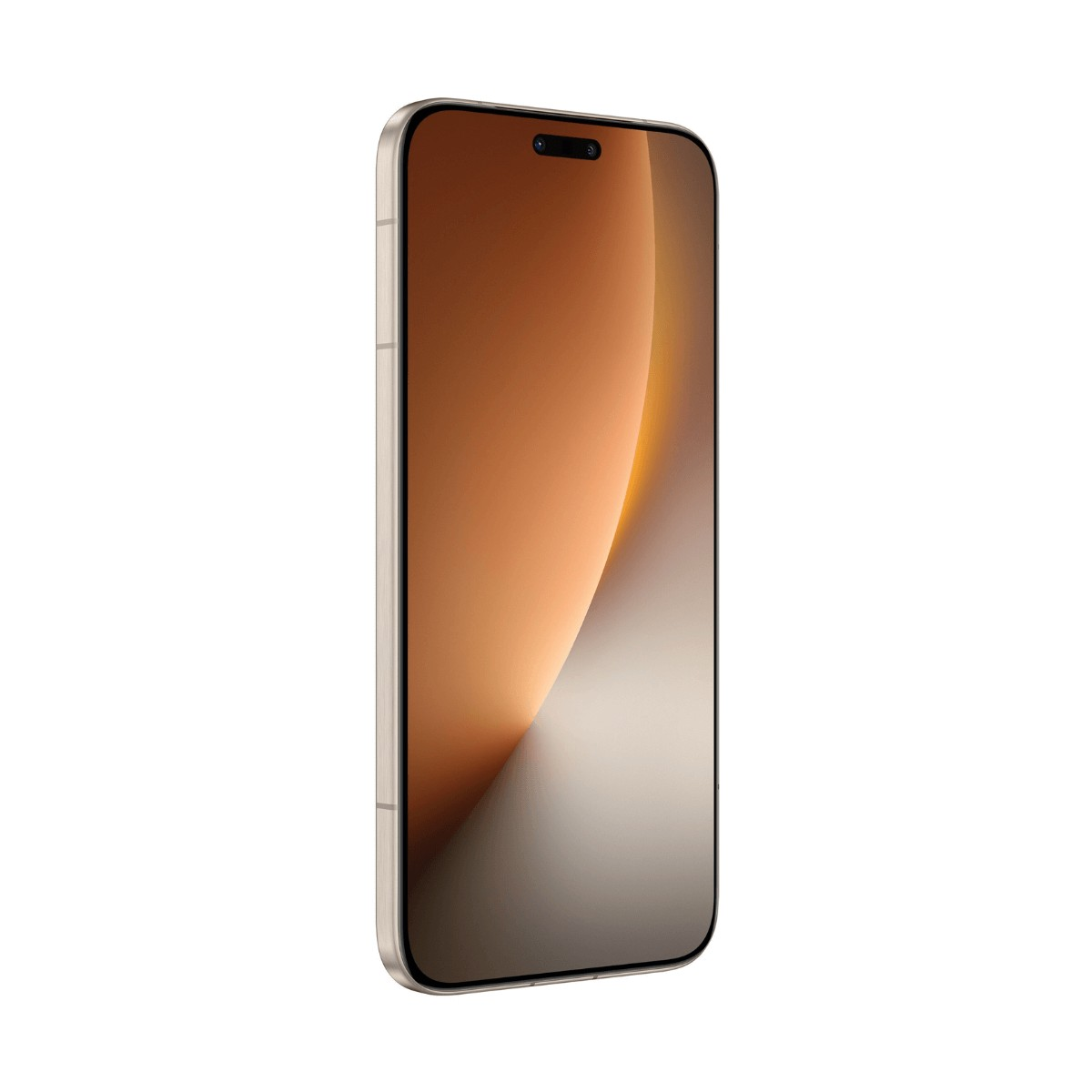Uno smartphone con cornice dorata e sfondo caldo arancione e bianco sullo schermo, su sfondo bianco.