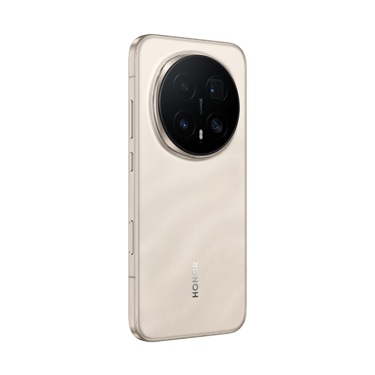 Retro di uno smartphone Honor beige con un grande modulo fotocamera rotondo in alto e logo in basso su sfondo bianco.