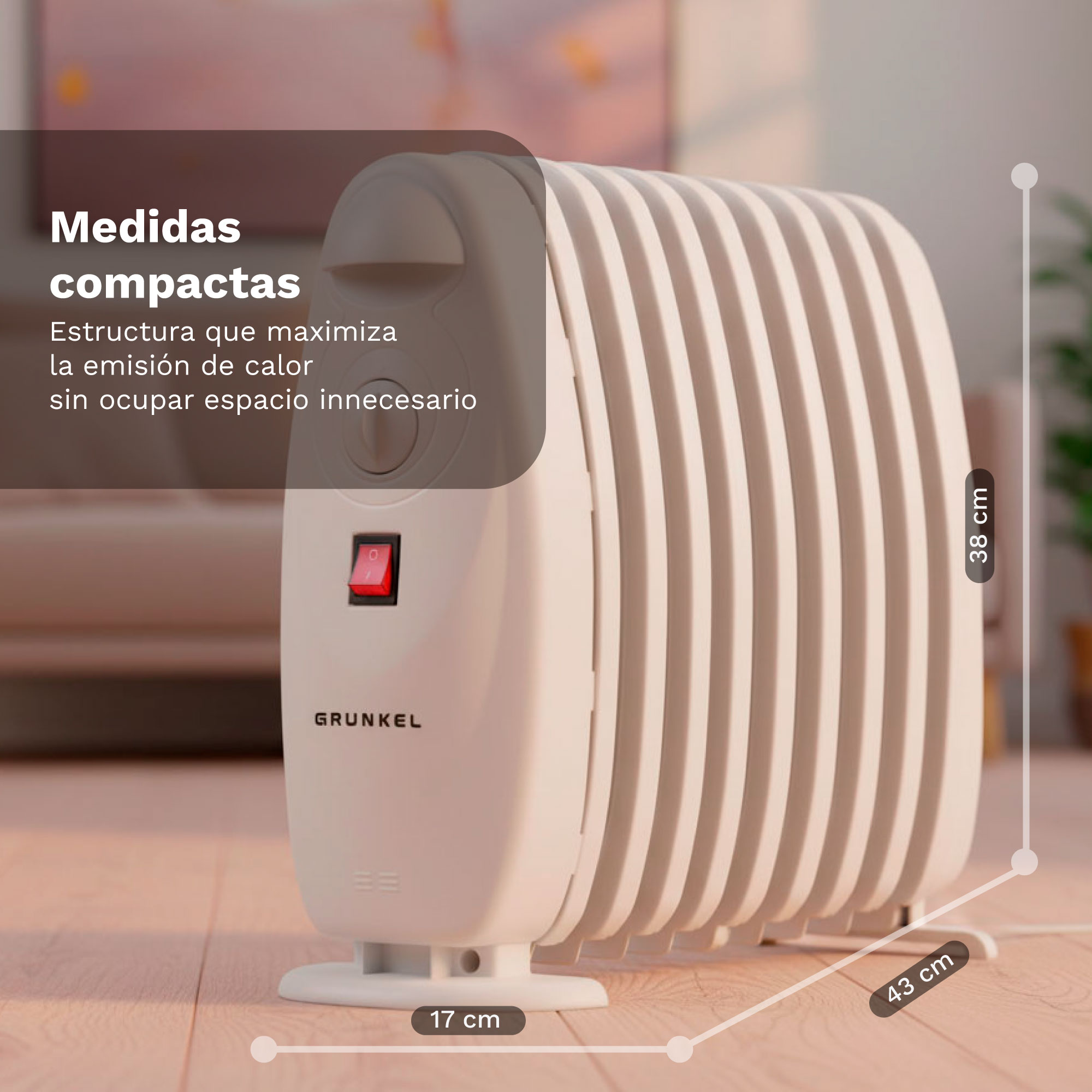 Radiador de aceite compacto blanco con interruptor rojo y medidas en suelo.