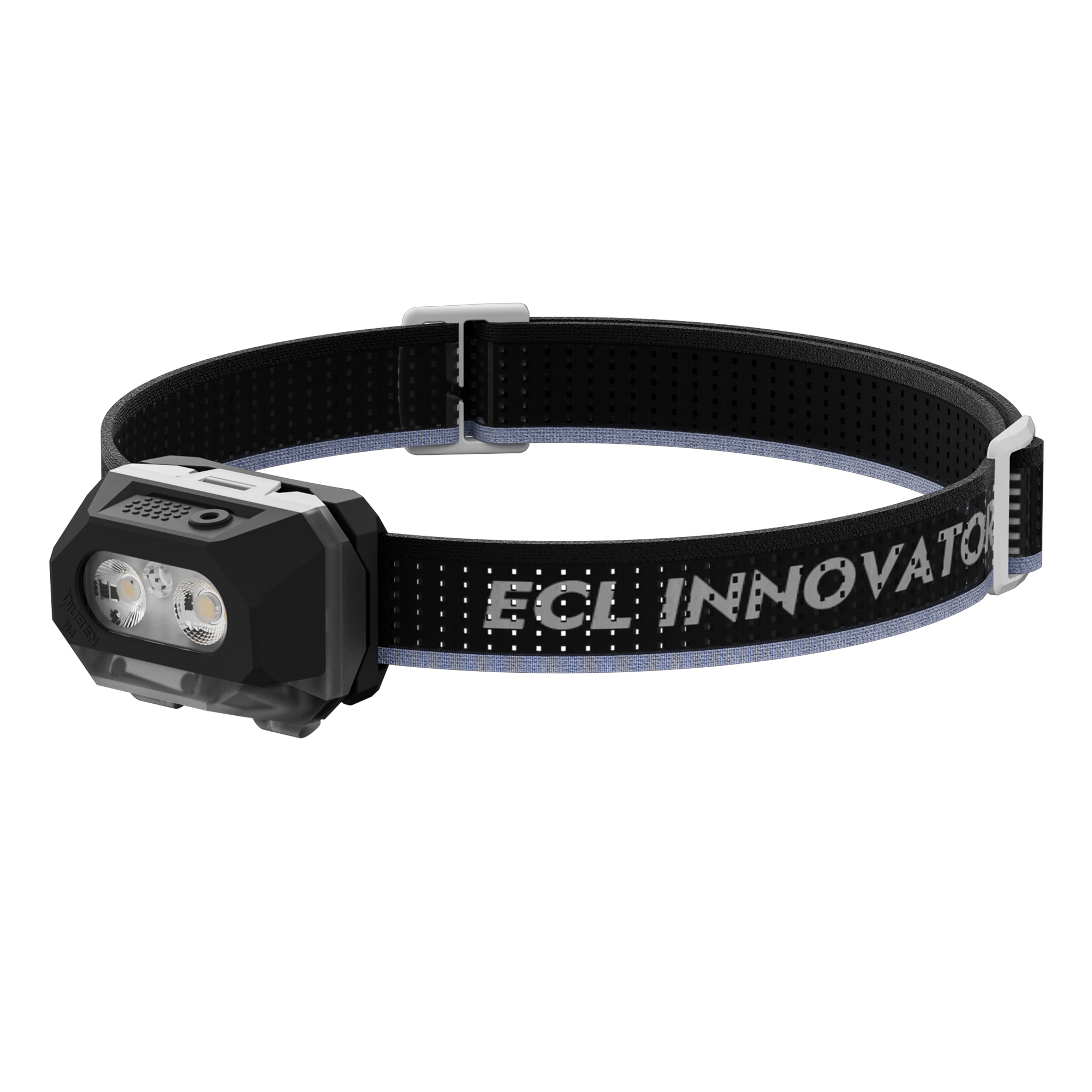 Schwarze LED-Stinrulampe mit verstellbarem Kopfband auf weißem Hintergrund.