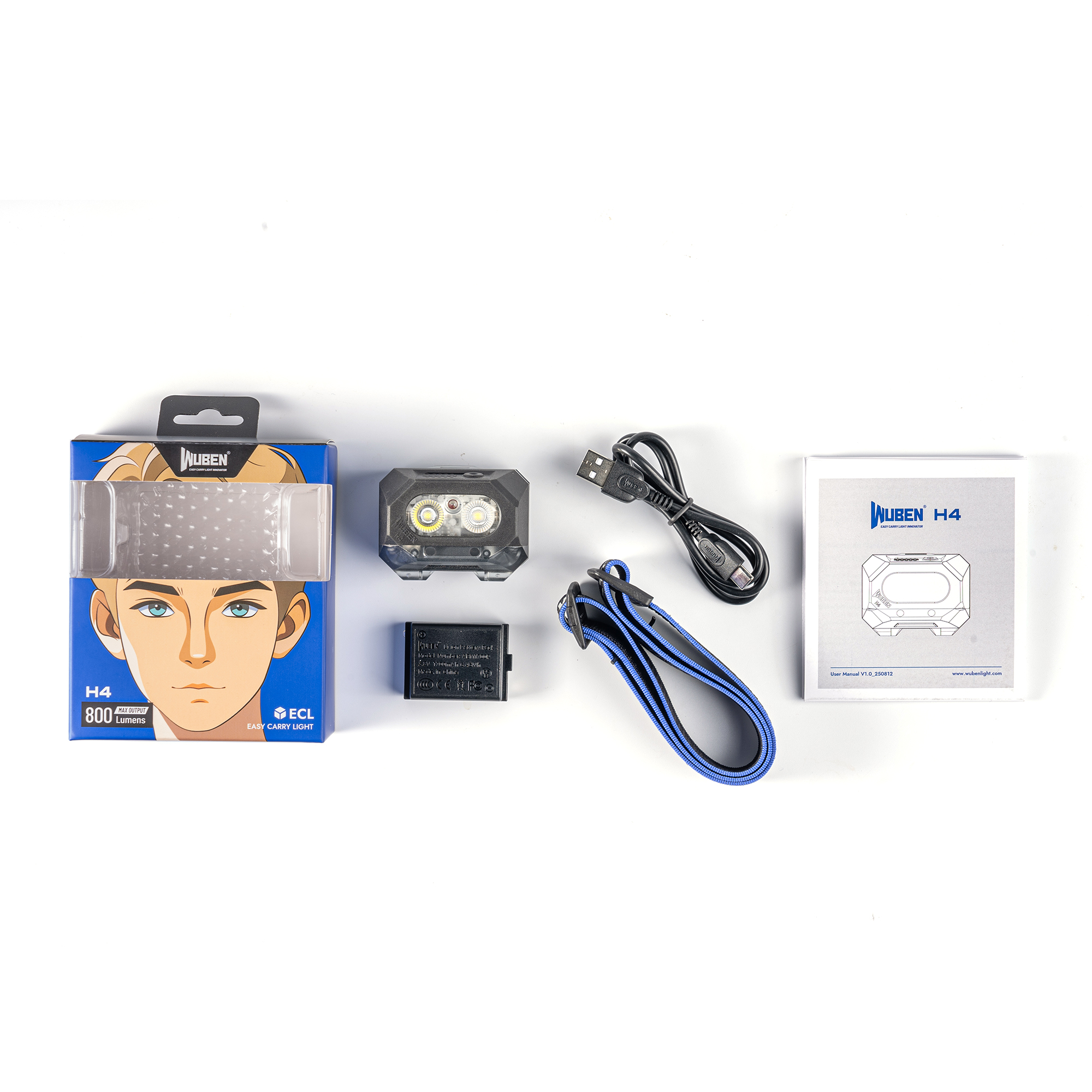 Wuben H4 Stirnlampe mit Verpackung, Akku, USB-Kabel, blauem Band und Handbuch auf weißem Grund.