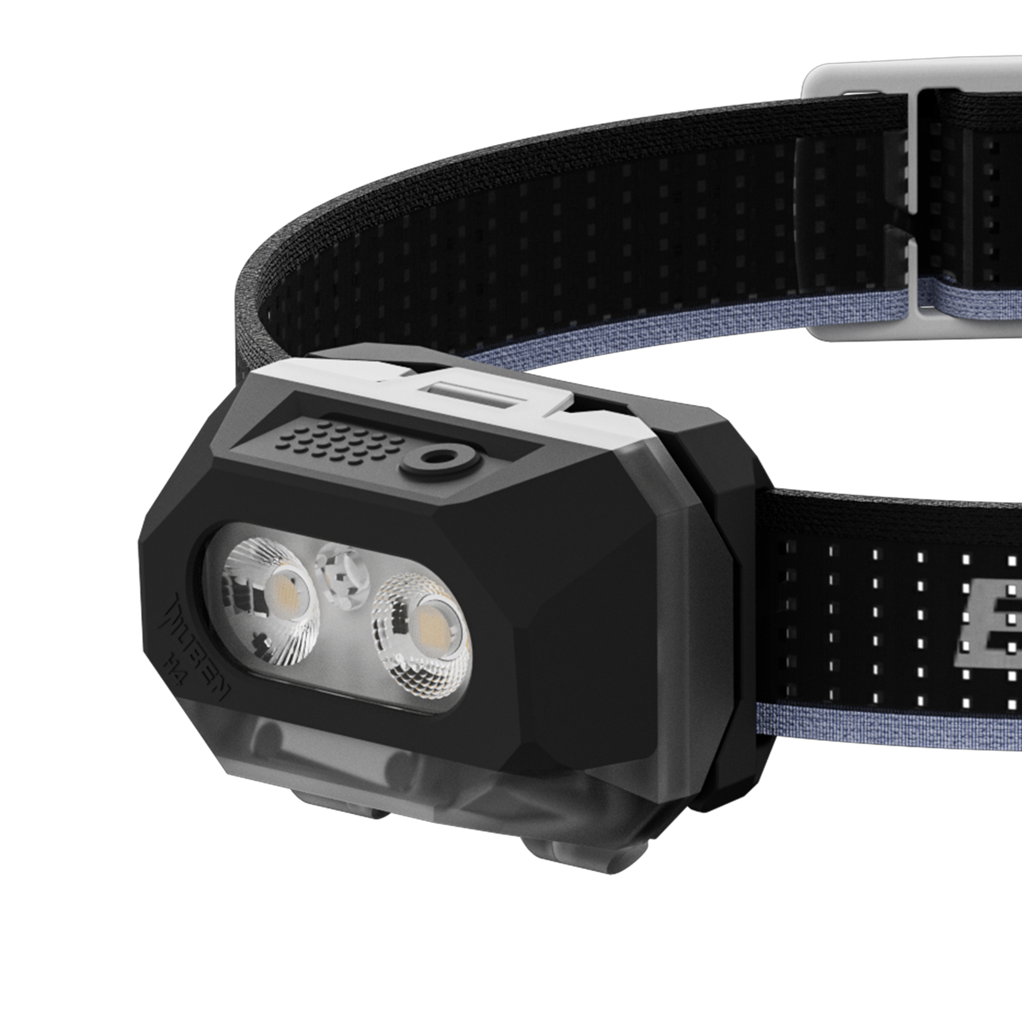Schwarze LED-Stinlampe mit zwei Leuchten und elastischem Band auf weißem Hintergrund.