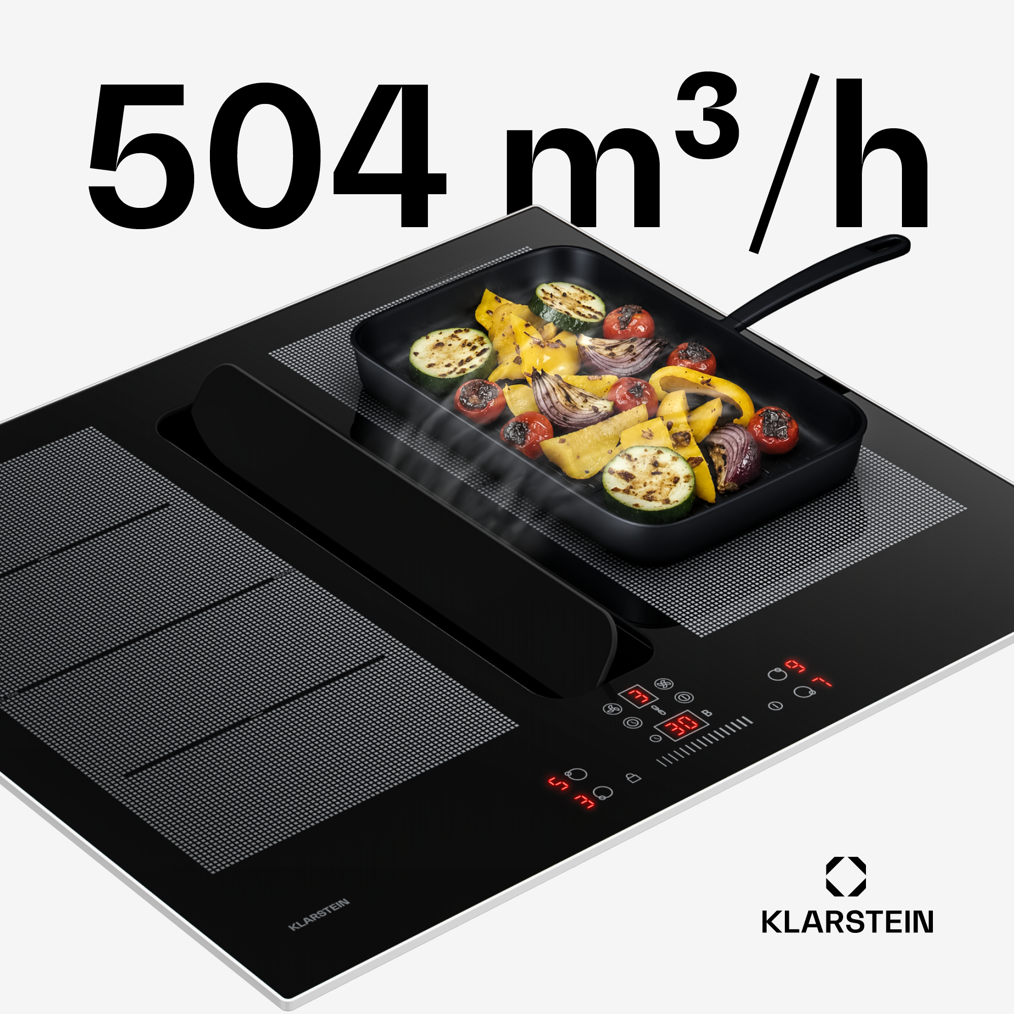 Klarstein Induktionskochfeld mit integrierter Dunstabzugshaube und einer Bratpfanne mit Gemüse.