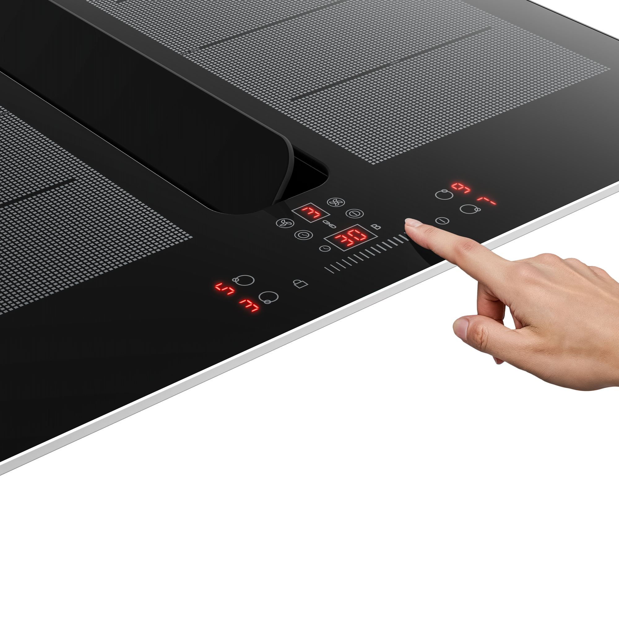 Eine Hand berührt das Touch-Bedienfeld eines modernen schwarzen Induktionskochfelds mit integriertem Abzug.