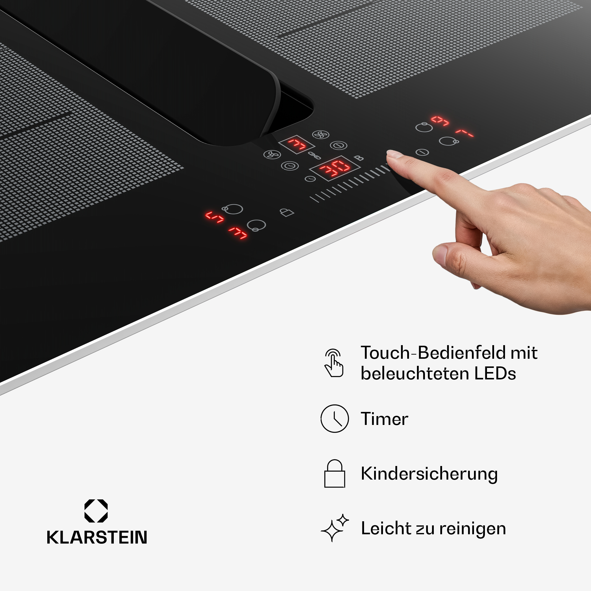 Hand bedient schwarzes Glaskeramik-Kochfeld mit roten LED-Anzeigen und integriertem Dunstabzug.
