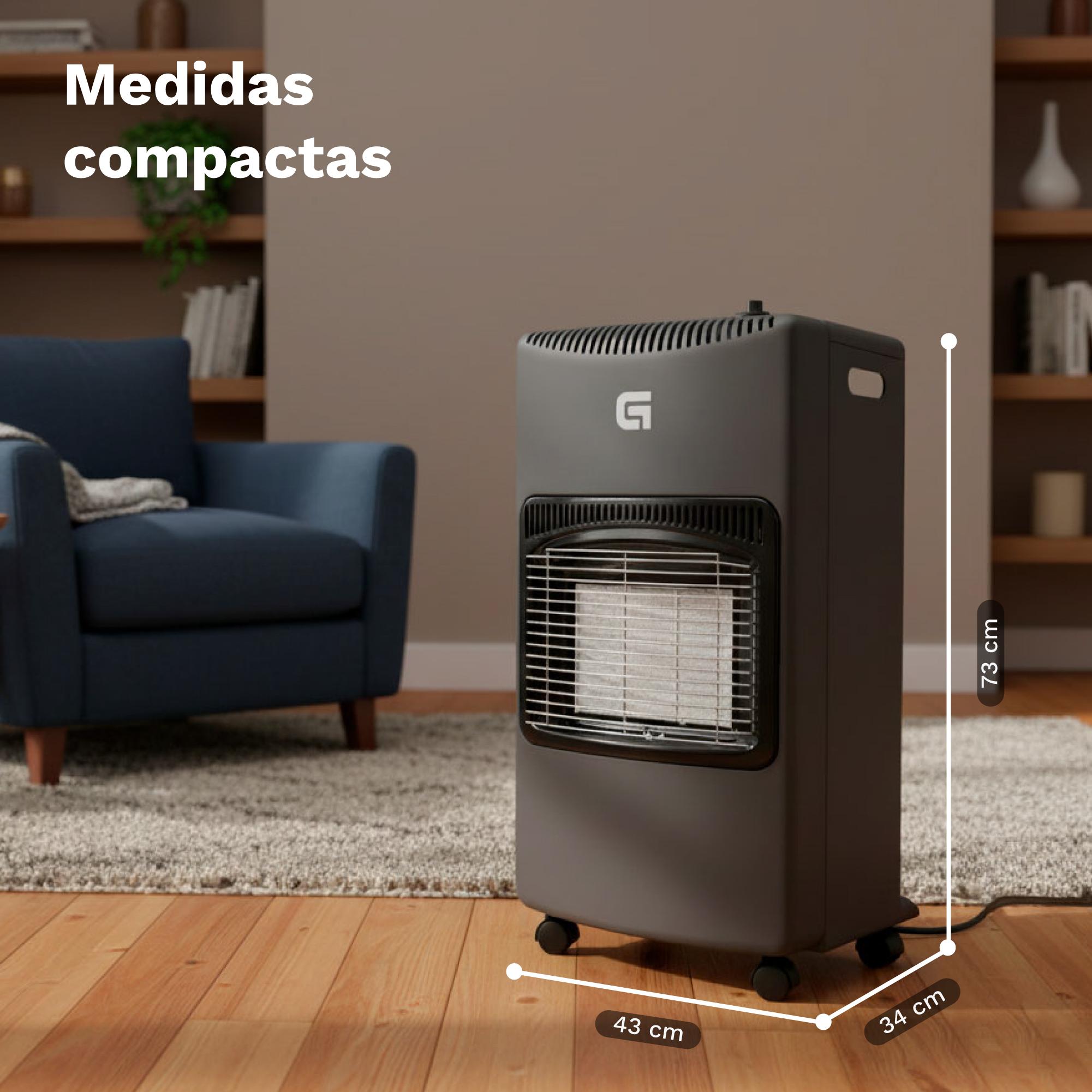 Un calefactor de gas gris con ruedas en una sala muestra medidas de 73 cm de alto, 43 cm de ancho y 34 cm de fondo.