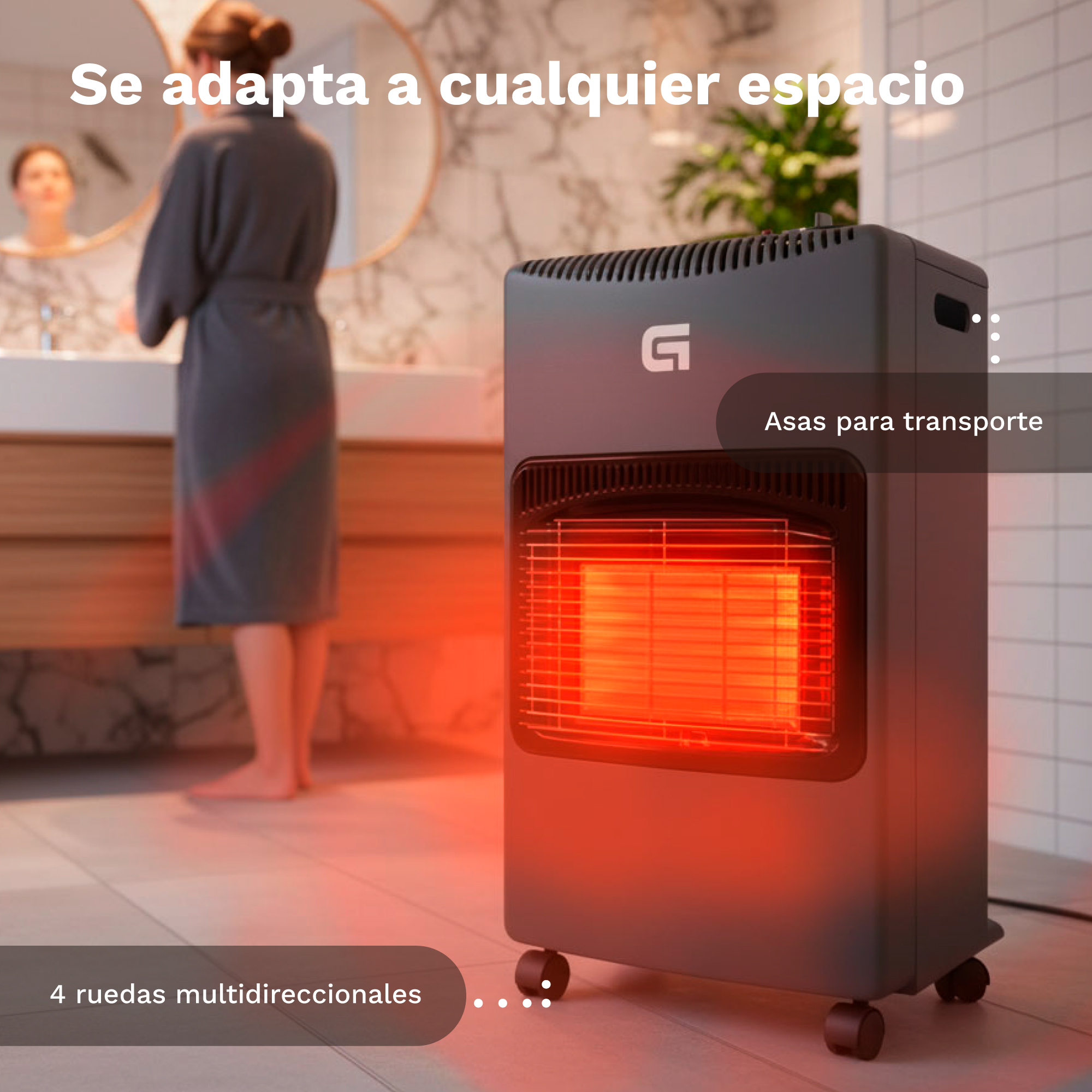 Una estufa de gas gris en un baño, con una mujer en albornoz visible en el fondo.