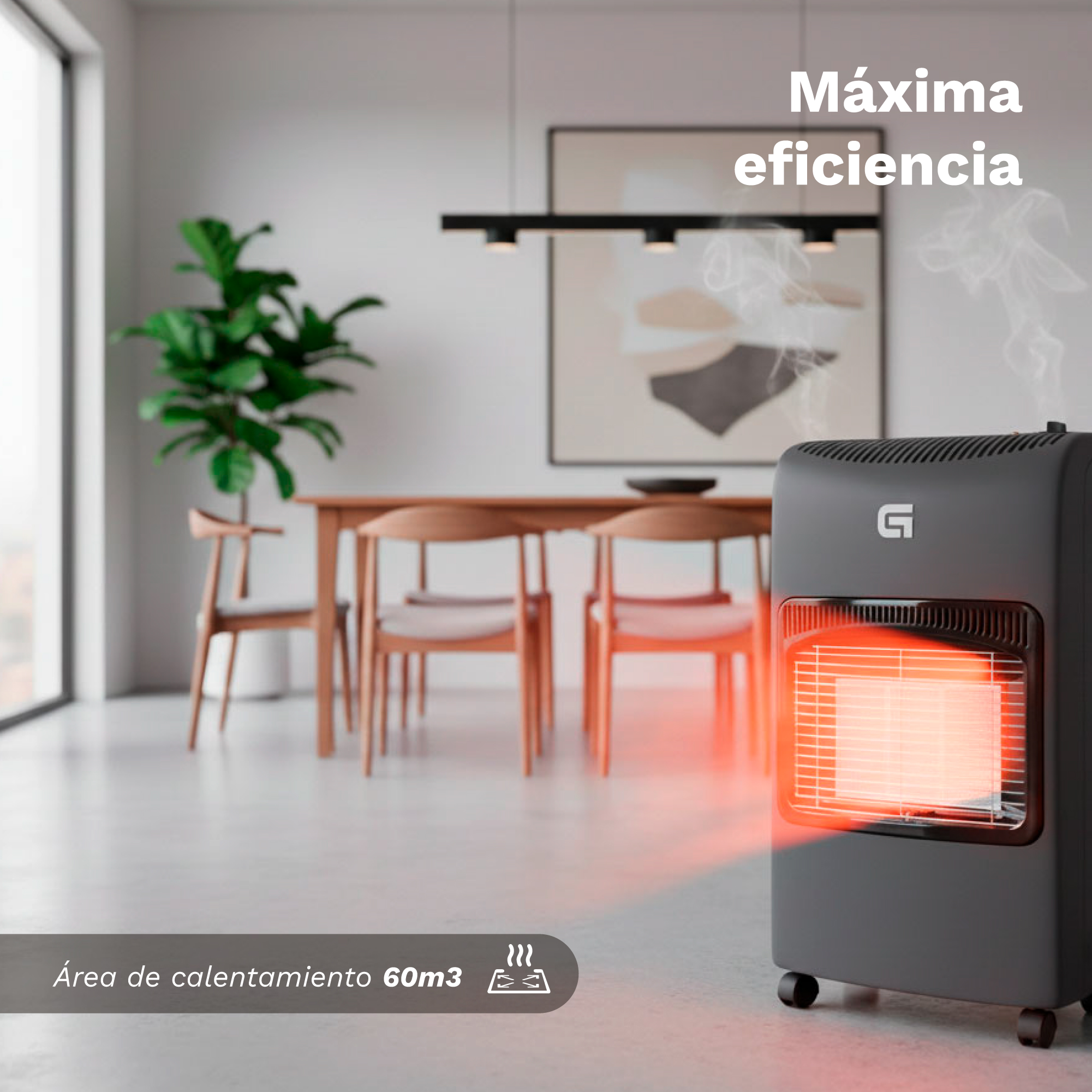 Una estufa de gas gris está en una sala moderna y luminosa, brillando con calor rojo.