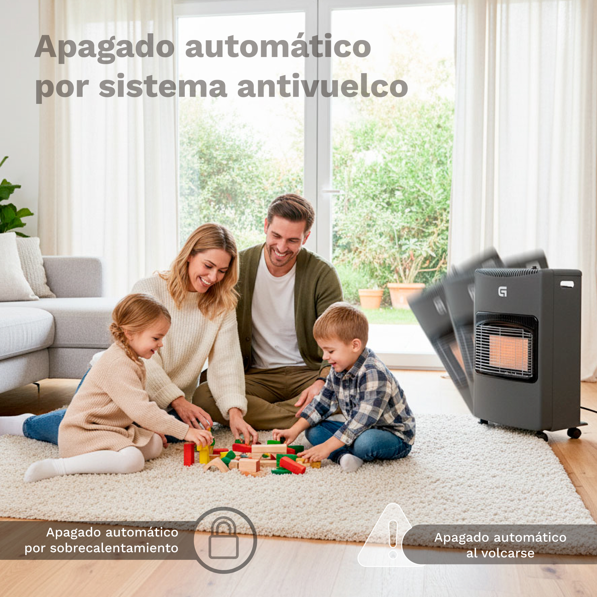 Familia jugando en una alfombra cerca de una estufa de gas ilustrando funciones de seguridad.