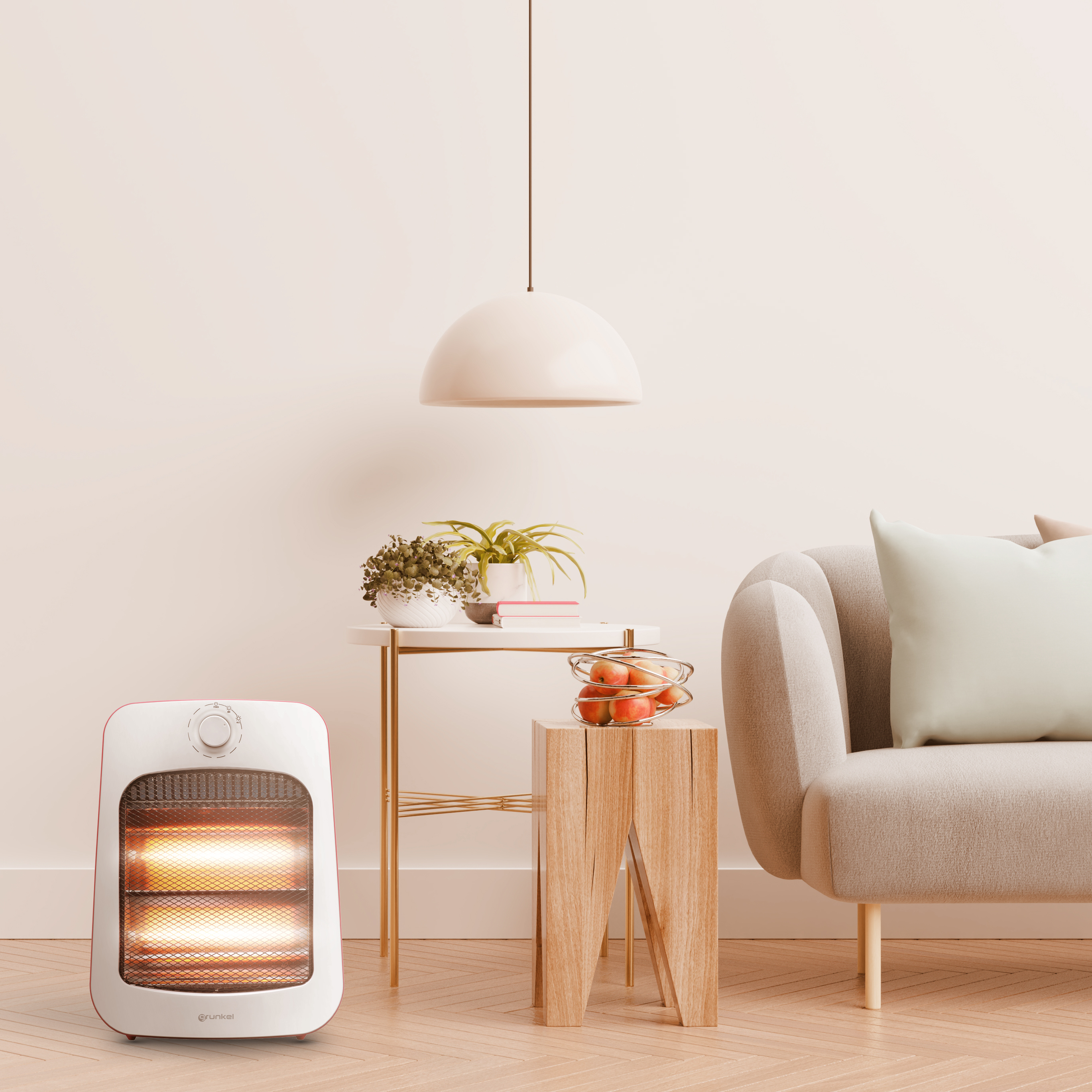 Un calefactor eléctrico blanco brilla cálidamente en una sala acogedora junto al sofá y una mesa.