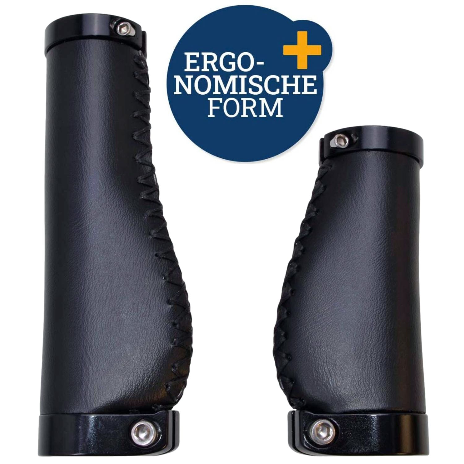 Zwei schwarze ergonomische Fahrradgriffe mit Lederoptik und Metallklemmen.