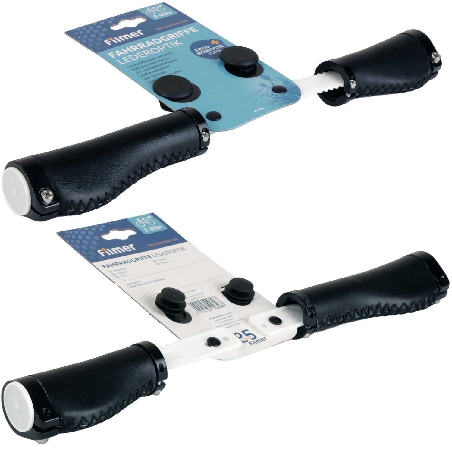 Zwei schwarze Leder-Fahrradgriffe mit Verpackungskarte auf weißem Hintergrund.