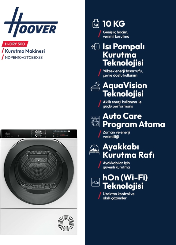 Beyaz gövdelere ve koyu renk cam kapıya sahip Hoover H-Dry 500 kurutma makinesi, koyu arka planda metin ve simgelerle.