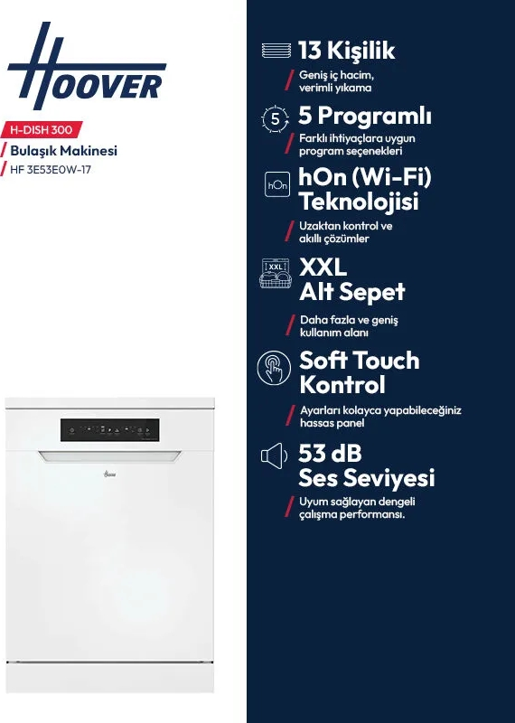 Sağda özellikleri yer alan, Wi-Fi ve 13 kişilik kapasiteye sahip beyaz Hoover bulaşık makinesi.
