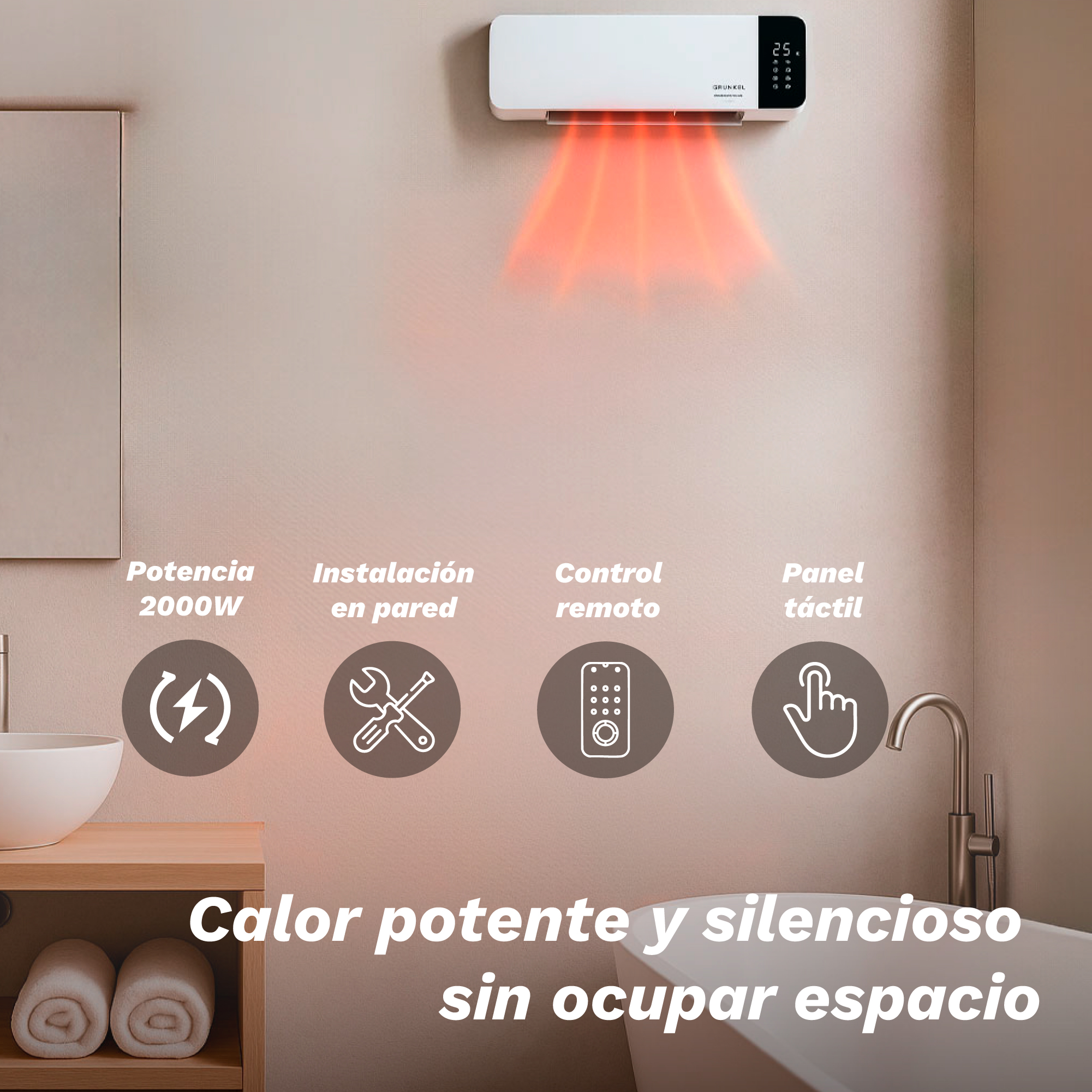 Un calefactor de pared blanco emite calor rojo en un baño moderno con bañera y lavabo.