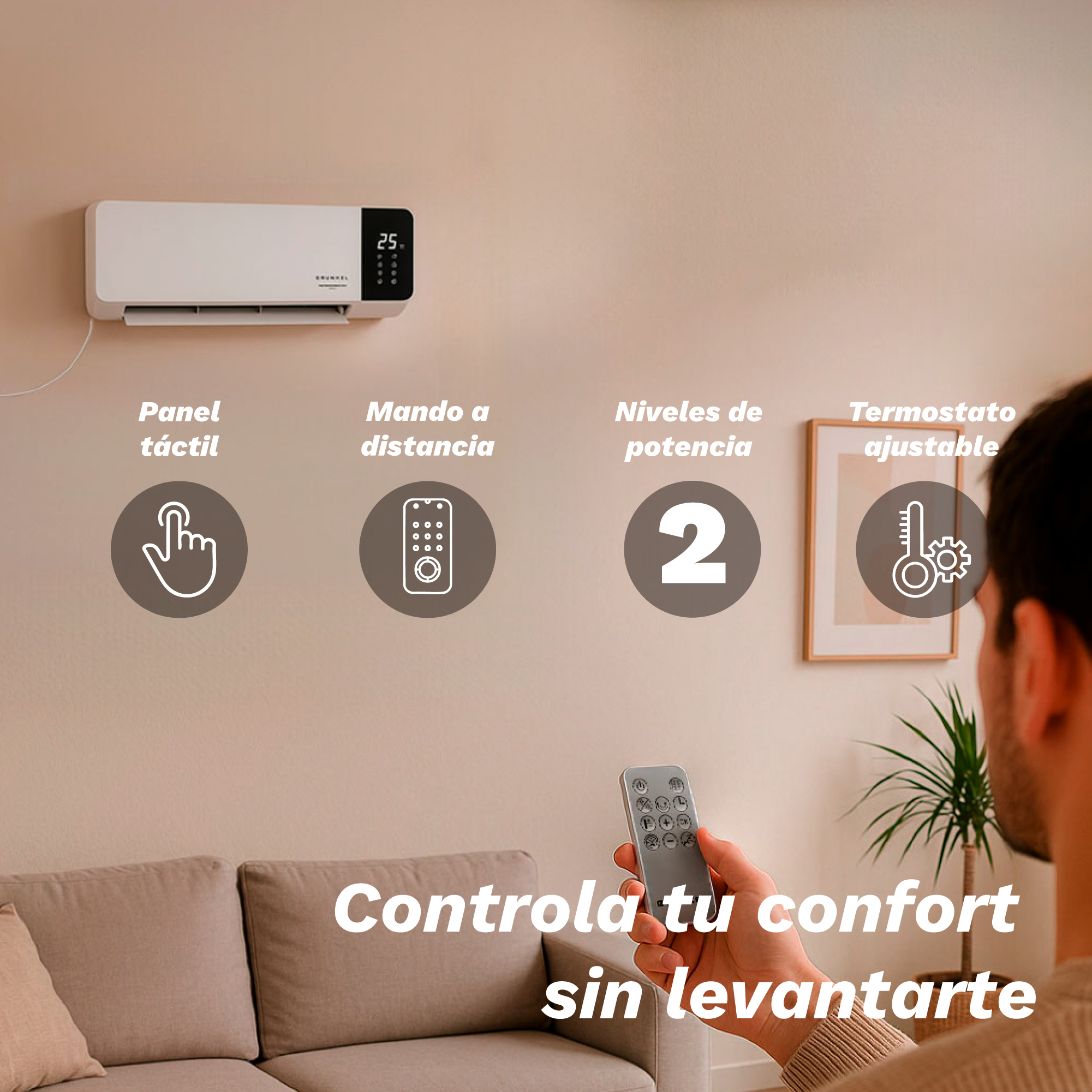 Un hombre usa un mando para controlar un climatizador blanco en la pared. Texto describe funciones.