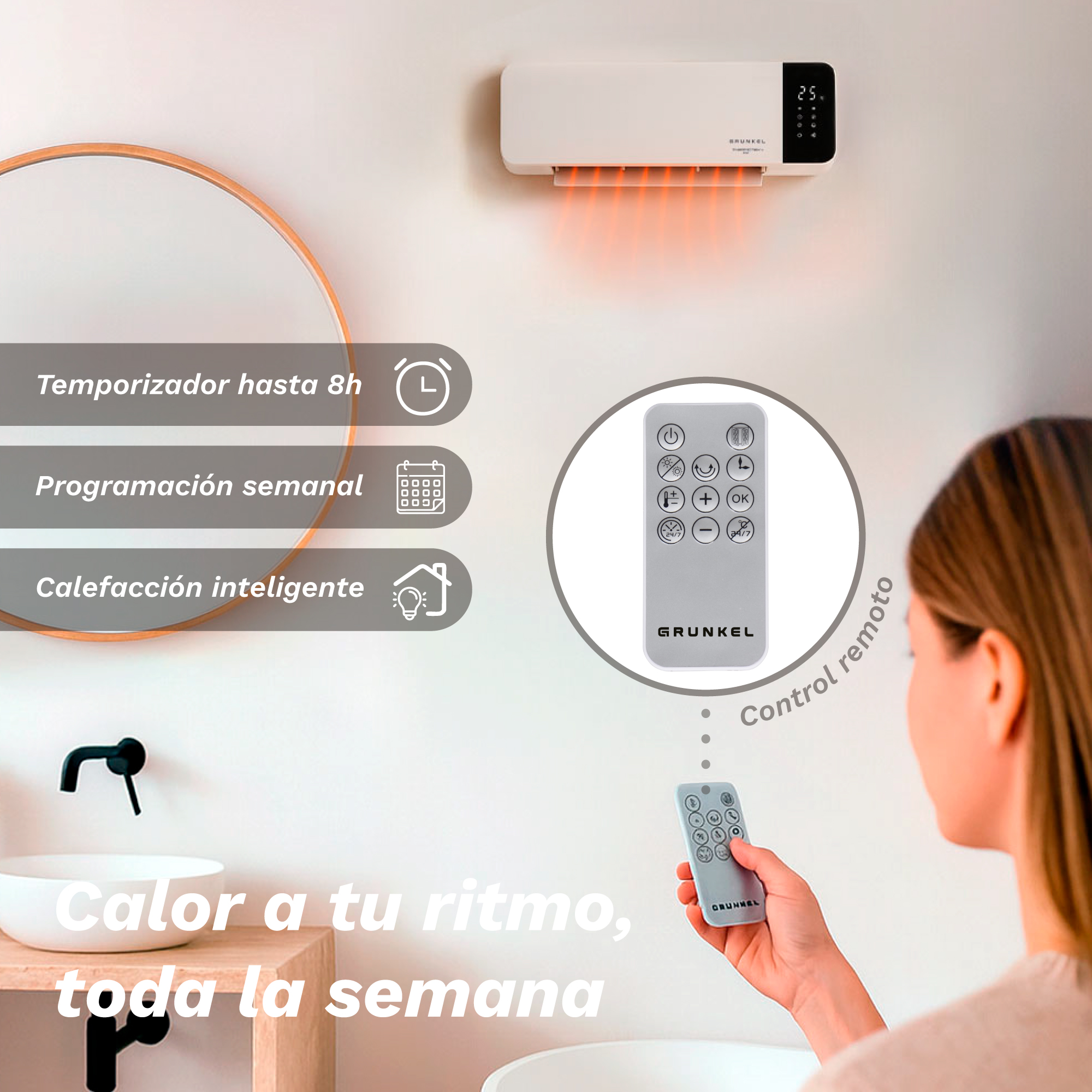 Una mujer controla un calefactor de pared con un mando a distancia en el baño.