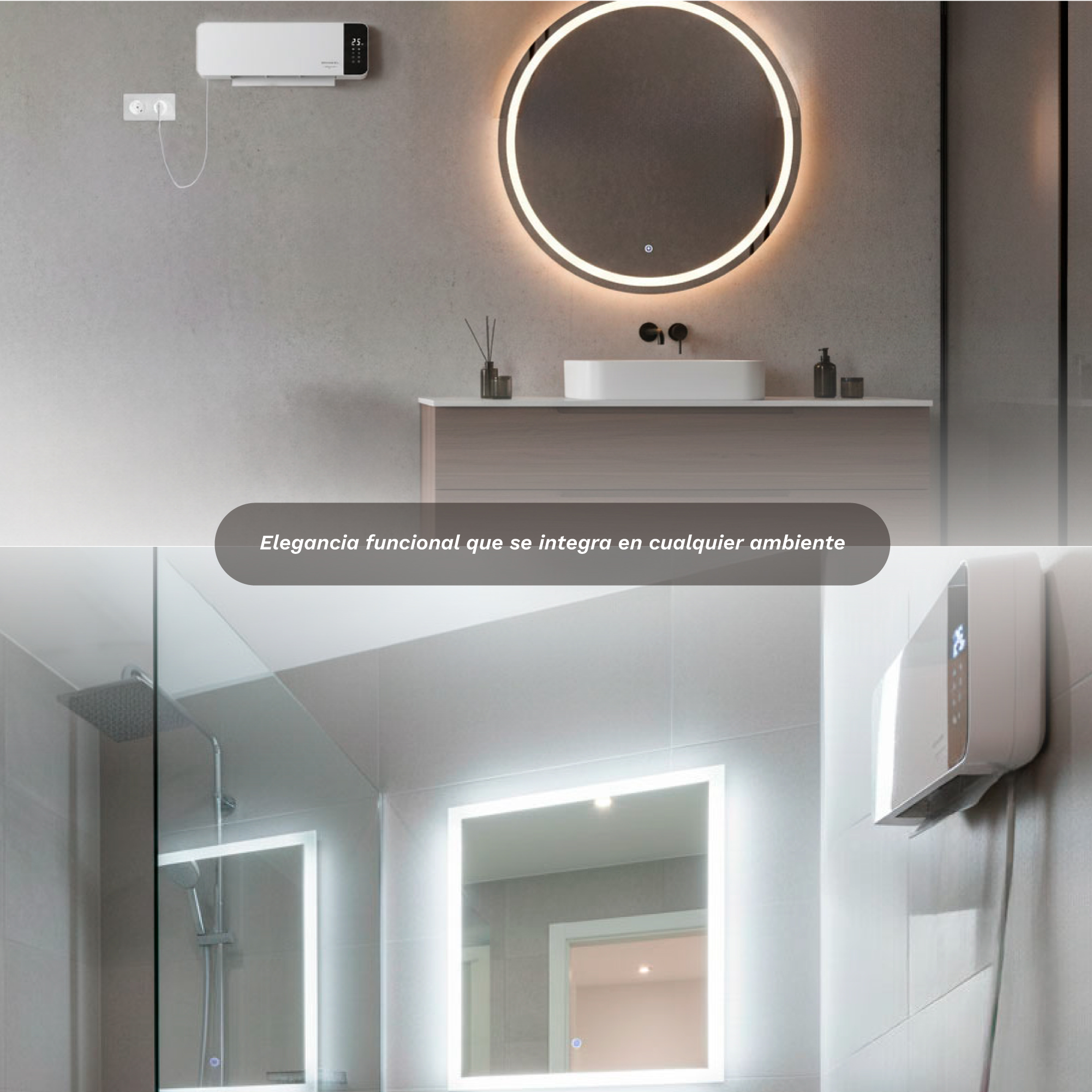 Baño con lavabo, espejo iluminado, ducha y calefactor de pared.
