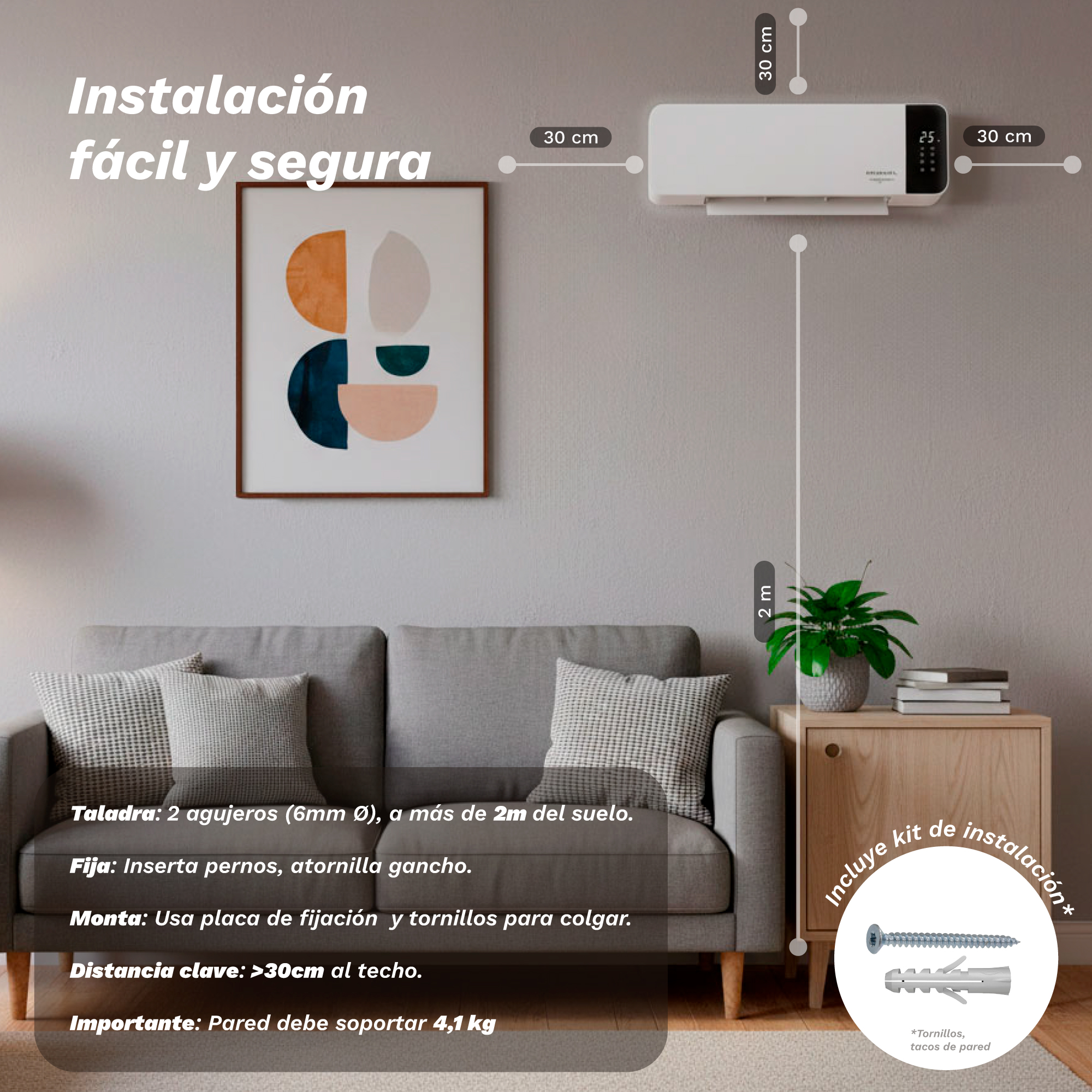 Salón con sofá, cuadro y guía de instalación para aire acondicionado.