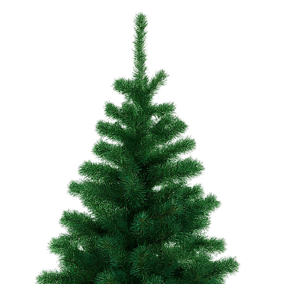 Un sapin de Noël artificiel vert se dresse sur un fond blanc uni, montrant des branches denses.